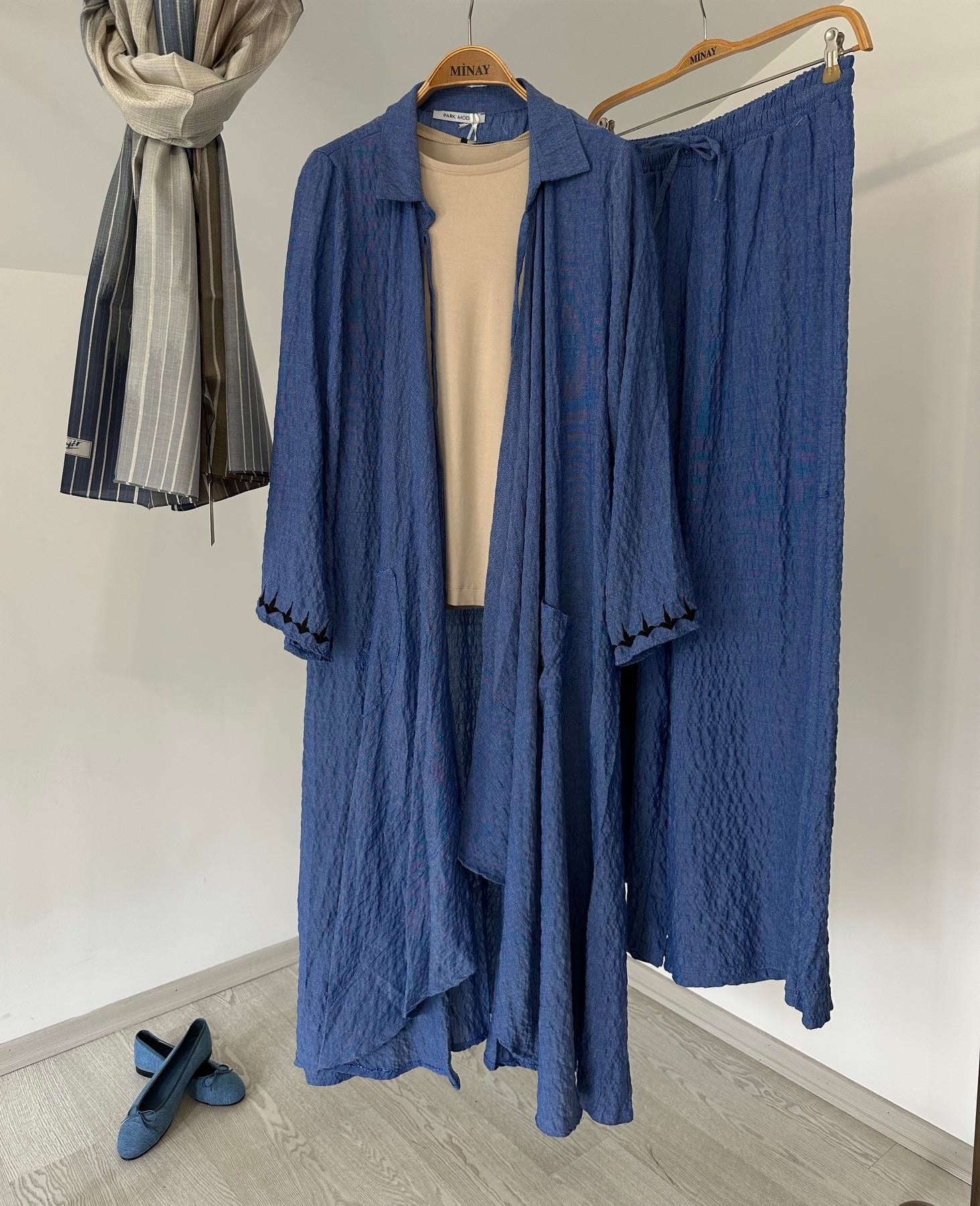 10676 Arkada Nakış İşleme Detaylı Kimono Pantolon Takım-Mavi