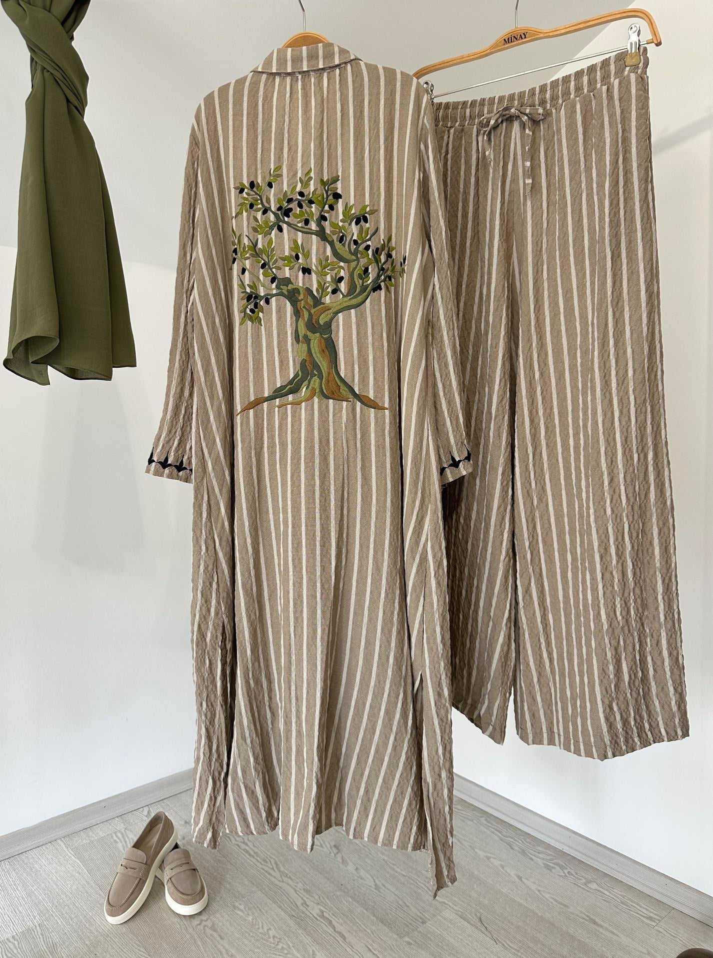 10676 Arkada Nakış İşleme Detaylı Kimono Pantolon Takım-Bej