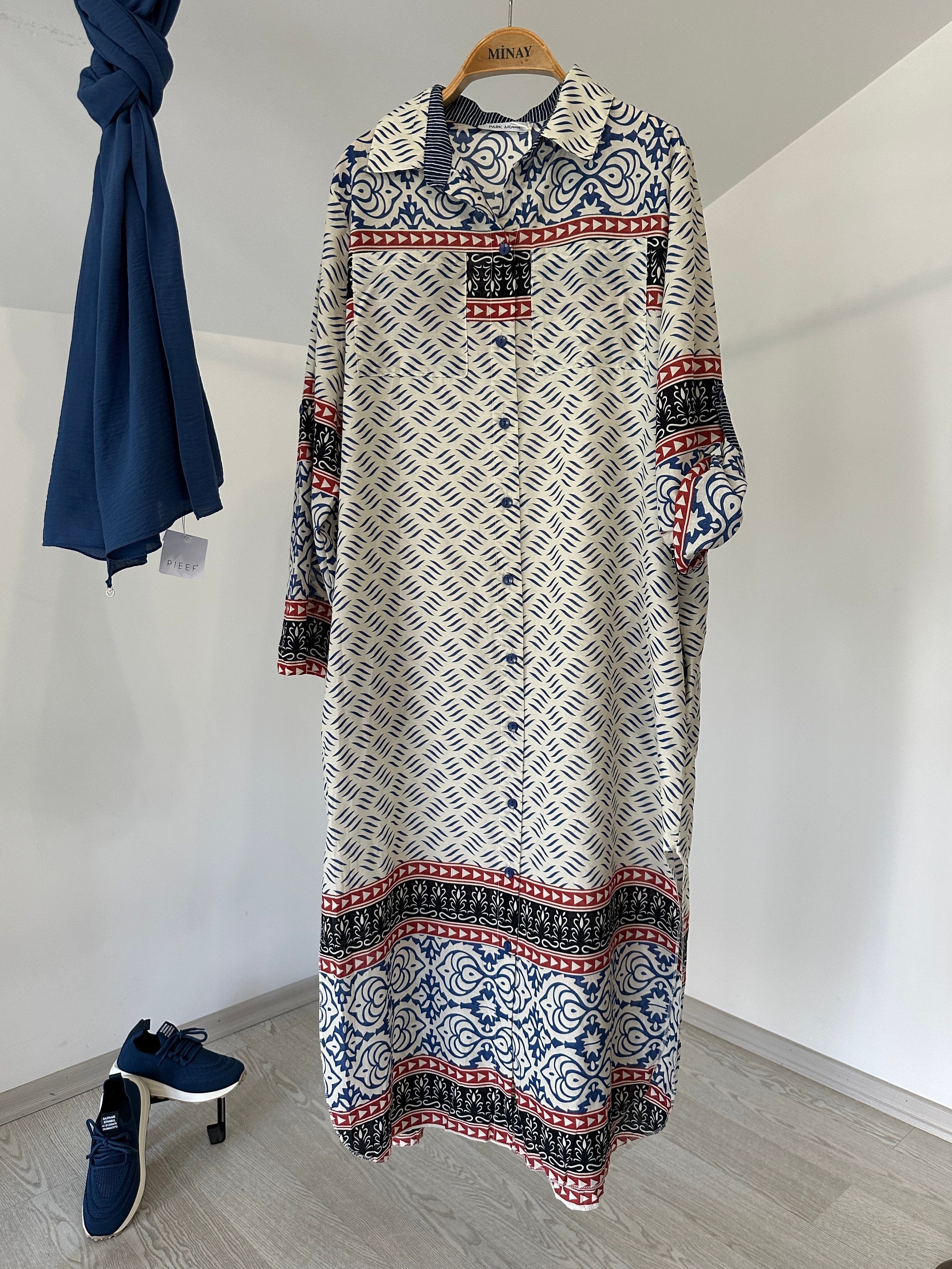 10732 Pamuklu Desenli Gömlek Elbise-Saks
