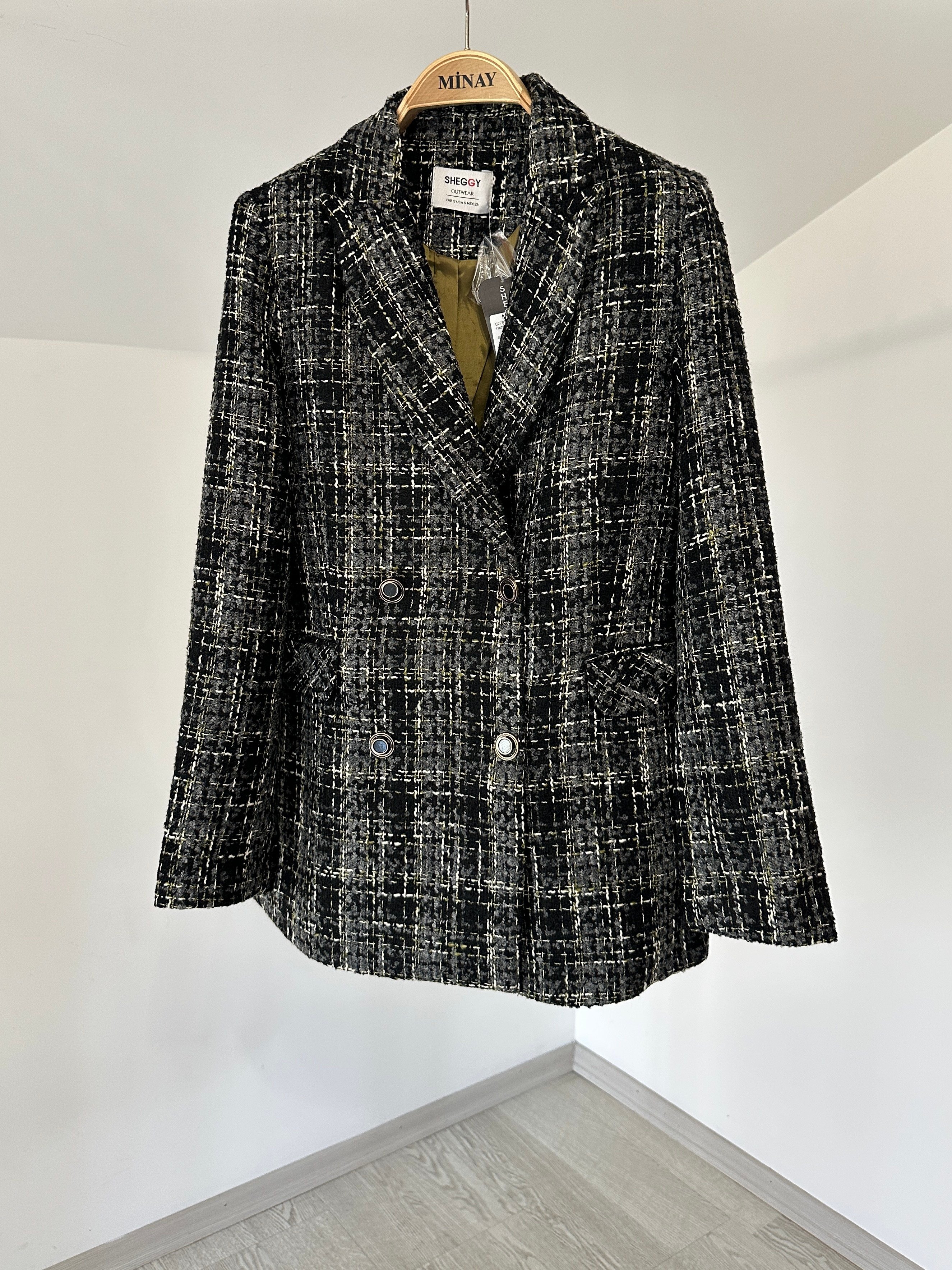 1142 Çift Sıra Düğmeli Ekose Blazer Ceket-Siyah