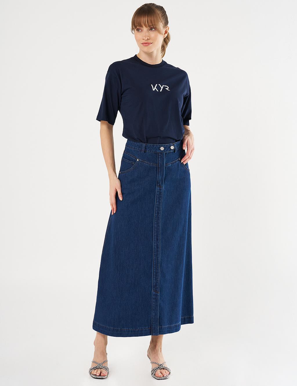 12006 Düğme Detaylı Denim Çan Etek-Lacivert
