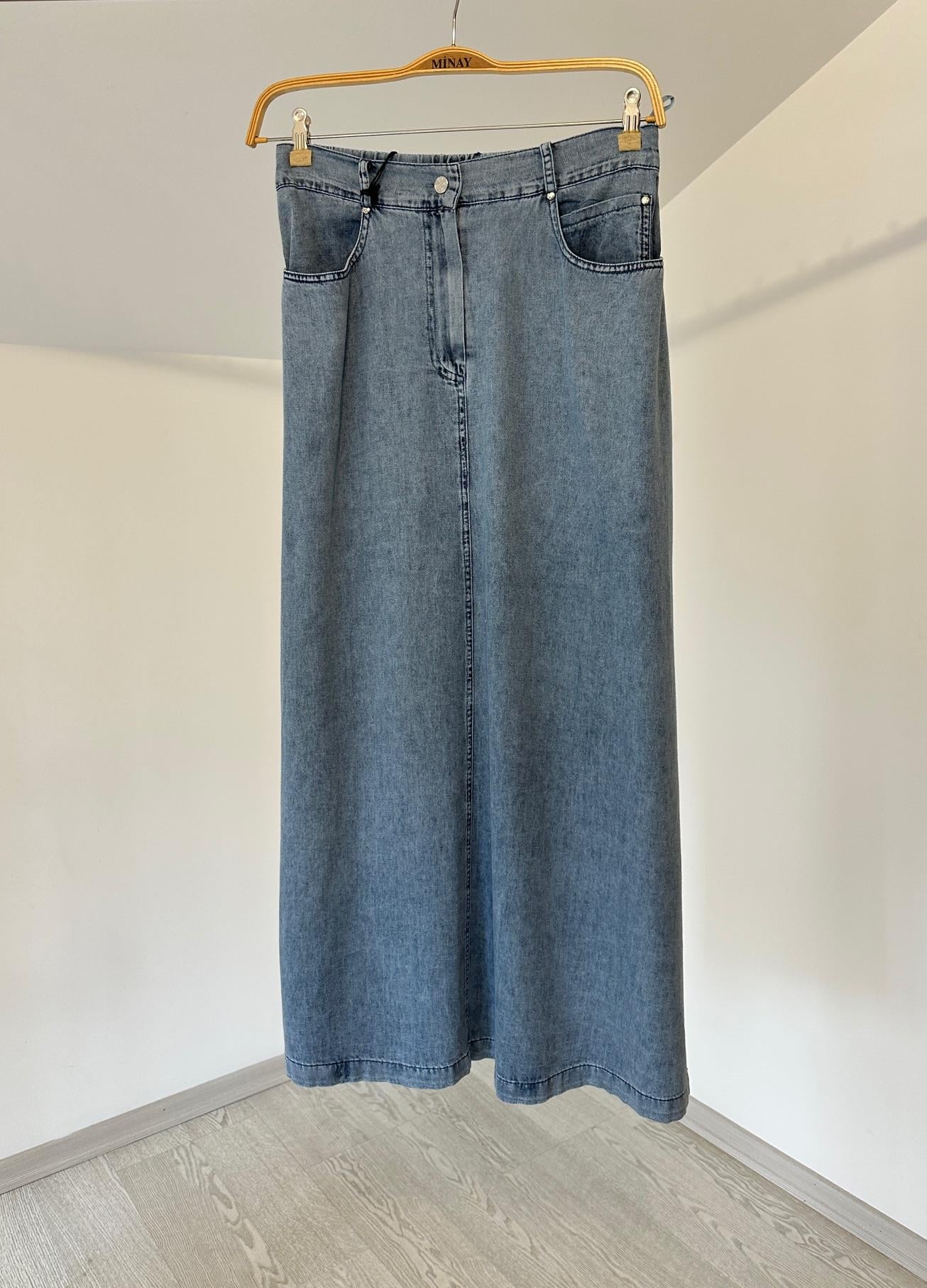 12014 Arka Beli Lastikli Denim Büyük Beden Etek-A.Kot
