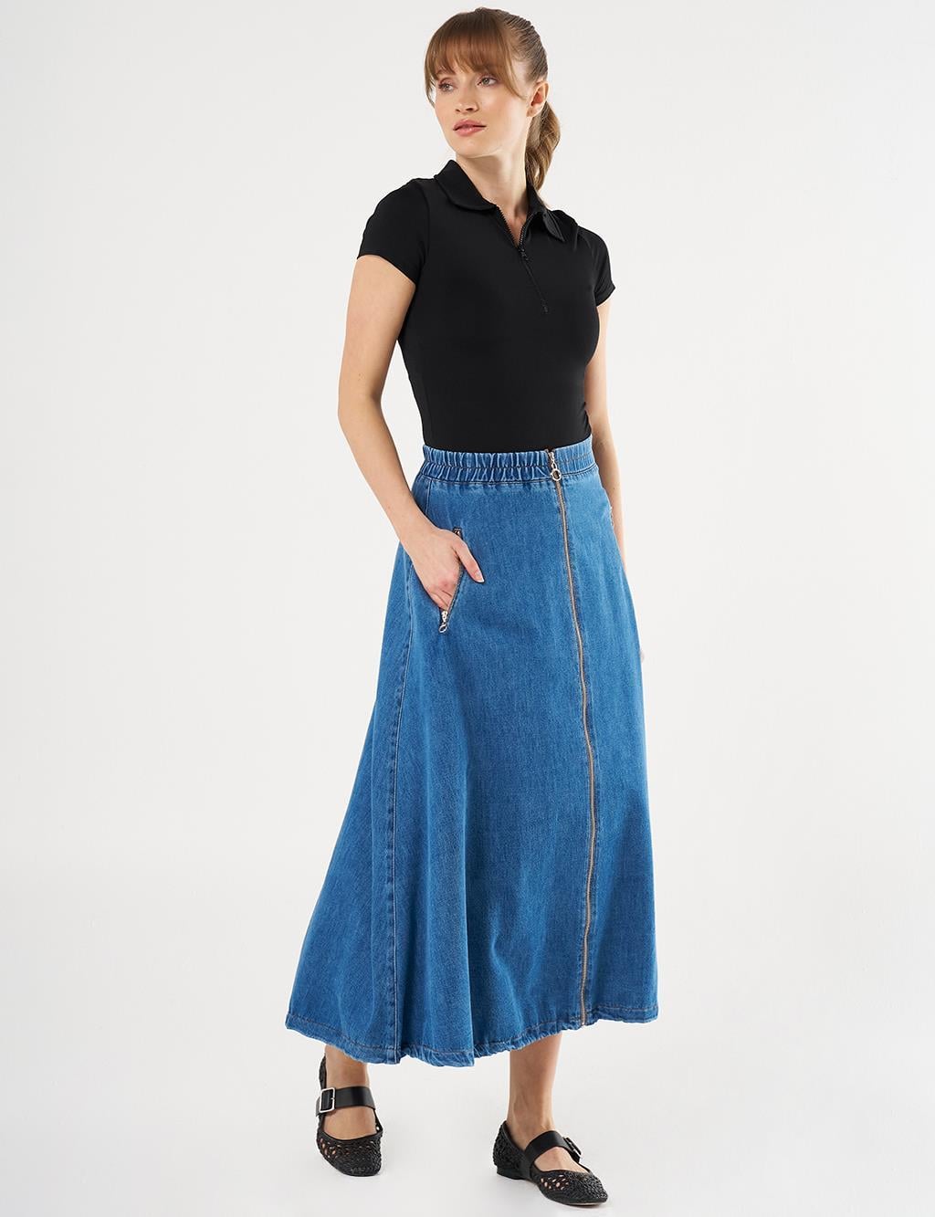 12019 Fermuar Kapamalı Denim Etek-İndigo