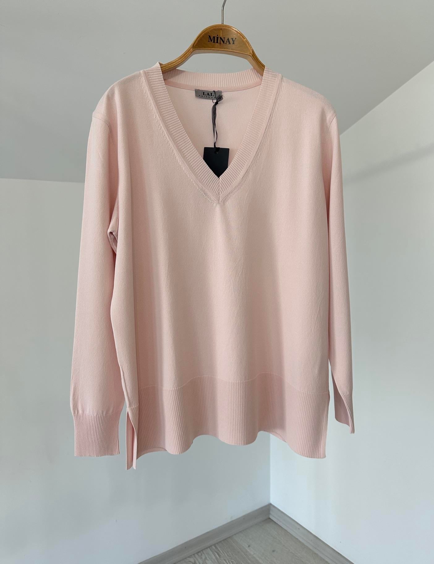 13009 İtalyan Rayon İplik V Yaka Triko Bluz-Pembe