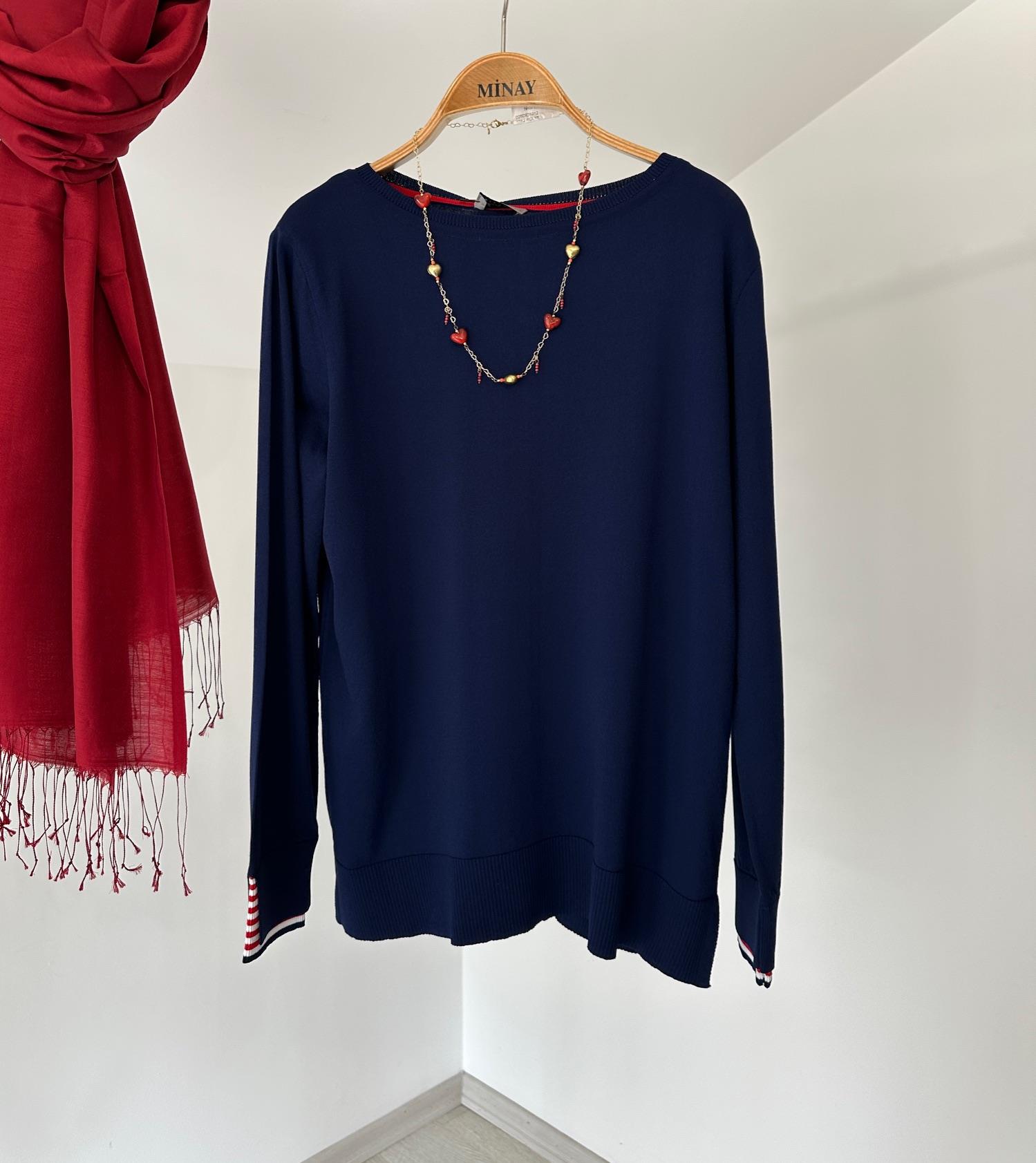 13022 Manşette Çizgi Detaylı İtalyan Rayon İplik Triko Bluz-Laci