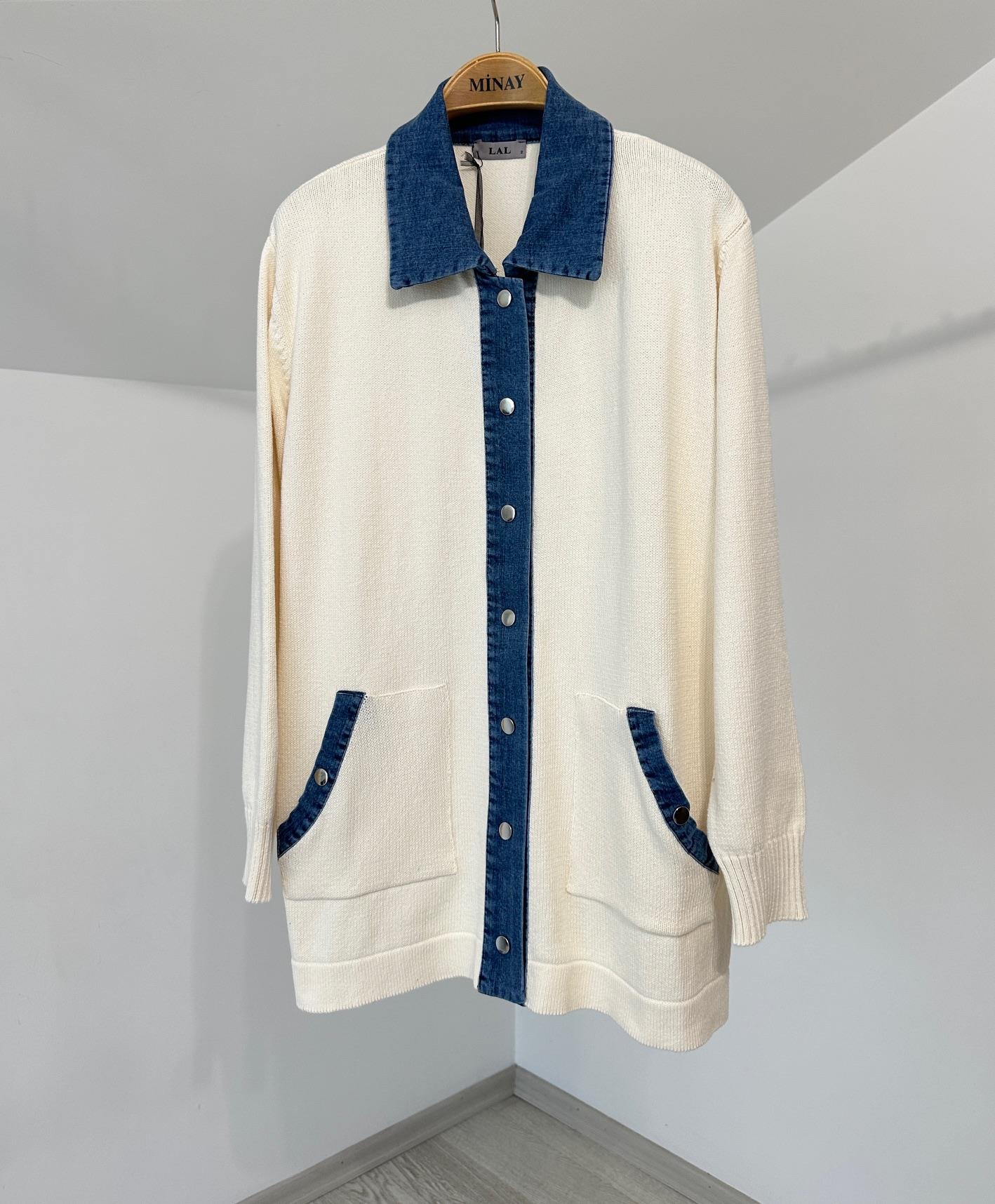 13050 Denim Garnili Cotton İplik Cepli Triko Ceket-Ekru