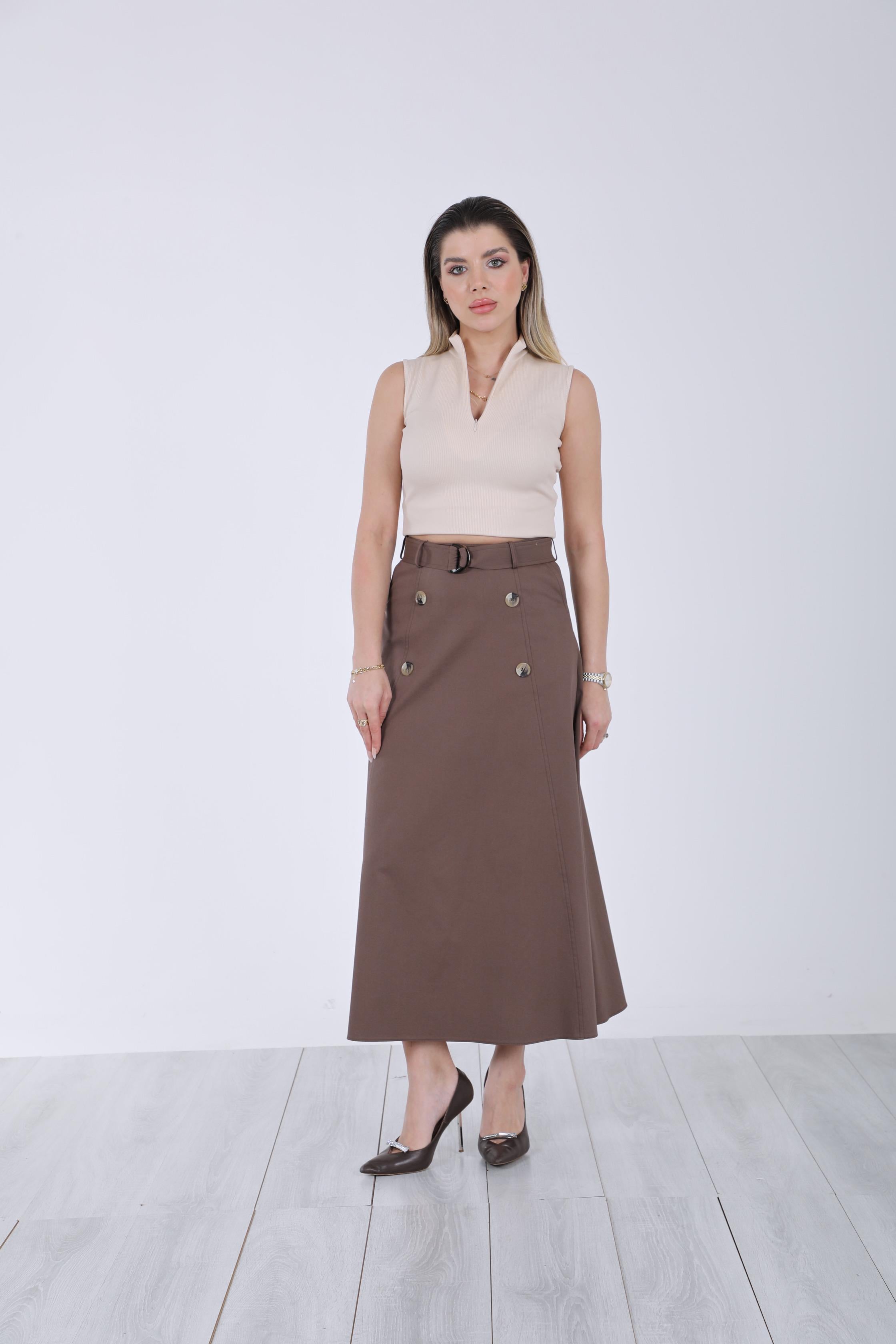 1310 4 Düğmeli Cotton Etek-Kahve