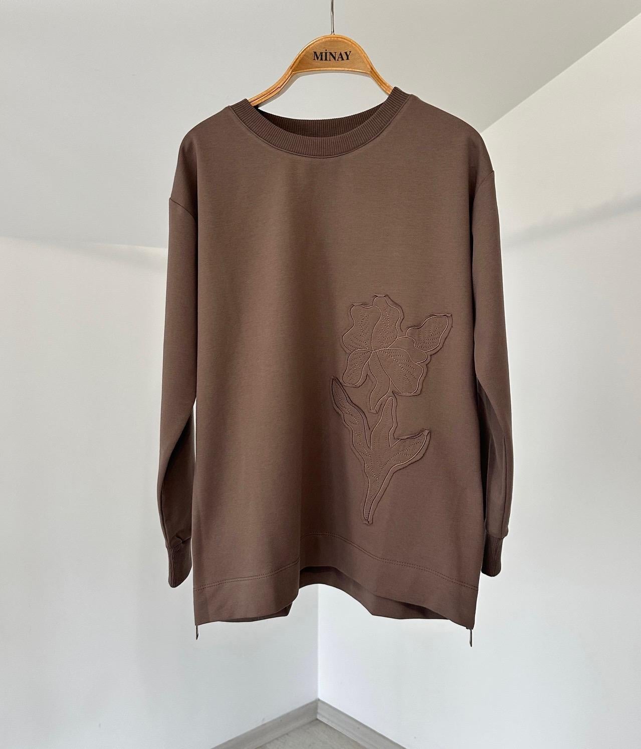 13412 Yanlarda Fermuar Detaylı Cotton Bluz-Kahve