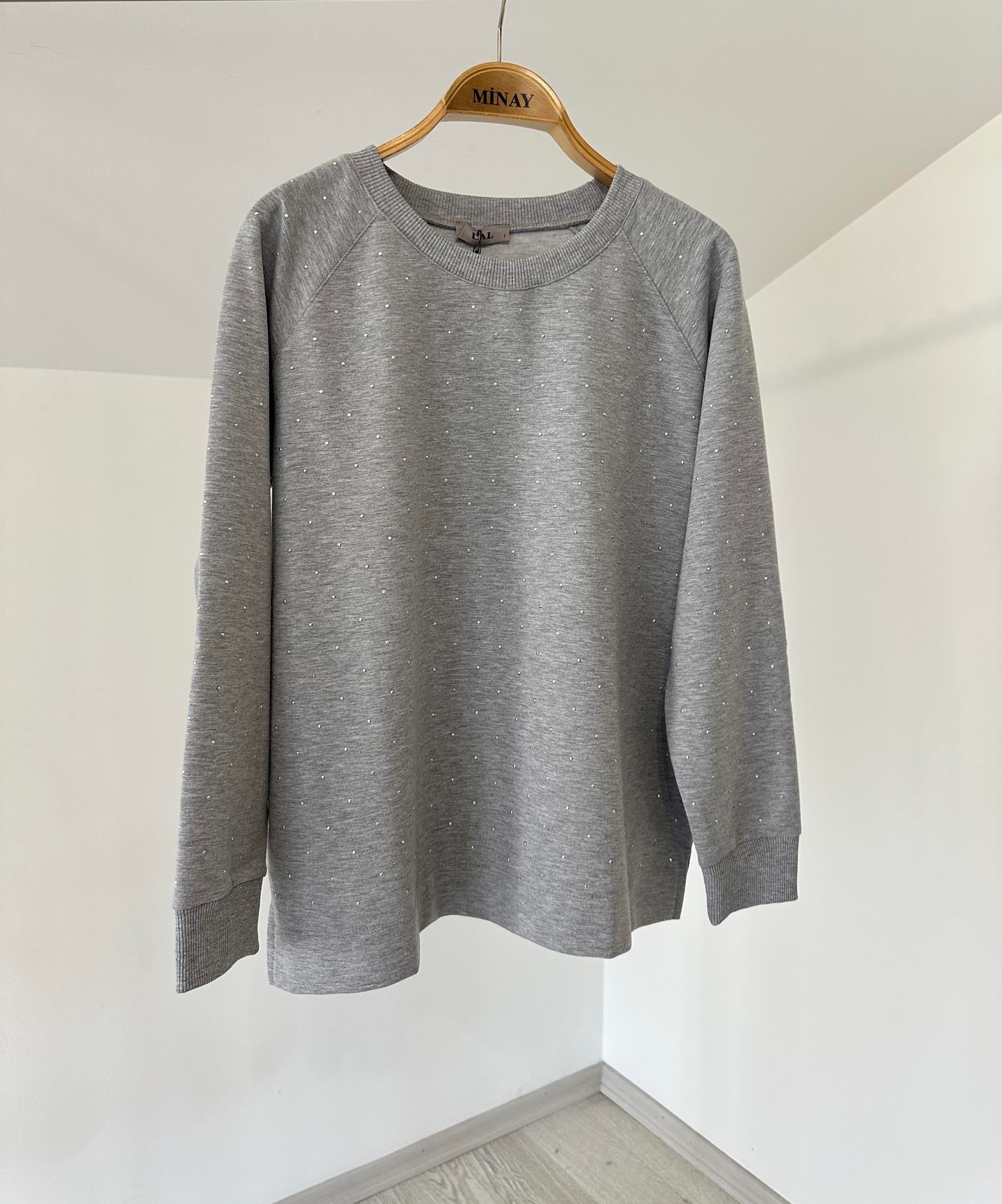 13414 Taş Yapıştırmalı Cotton Bluz-Gri