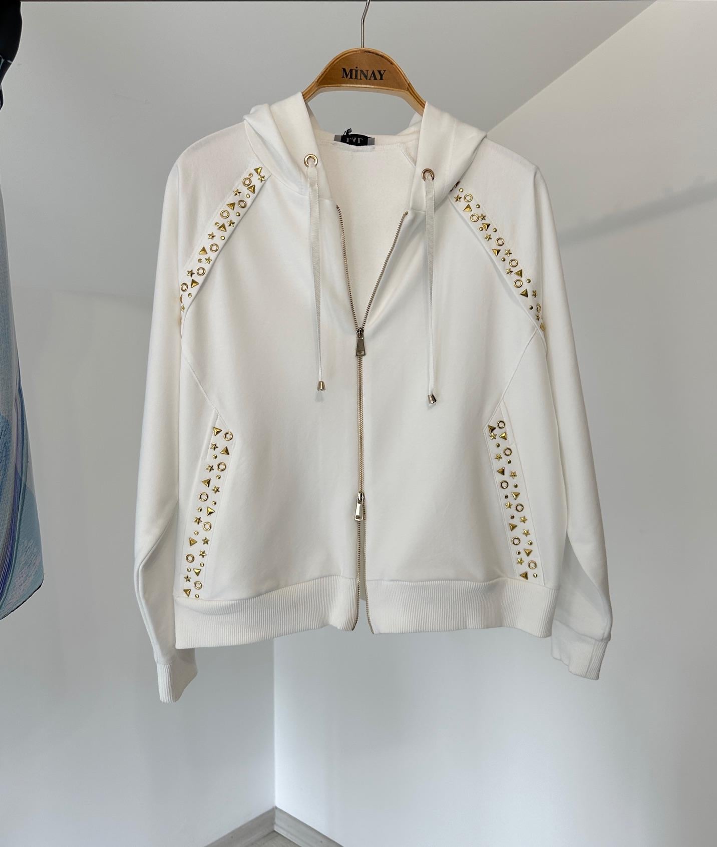 13418 Zımbalı Kapüşonlu Cotton Ceket-Ekru
