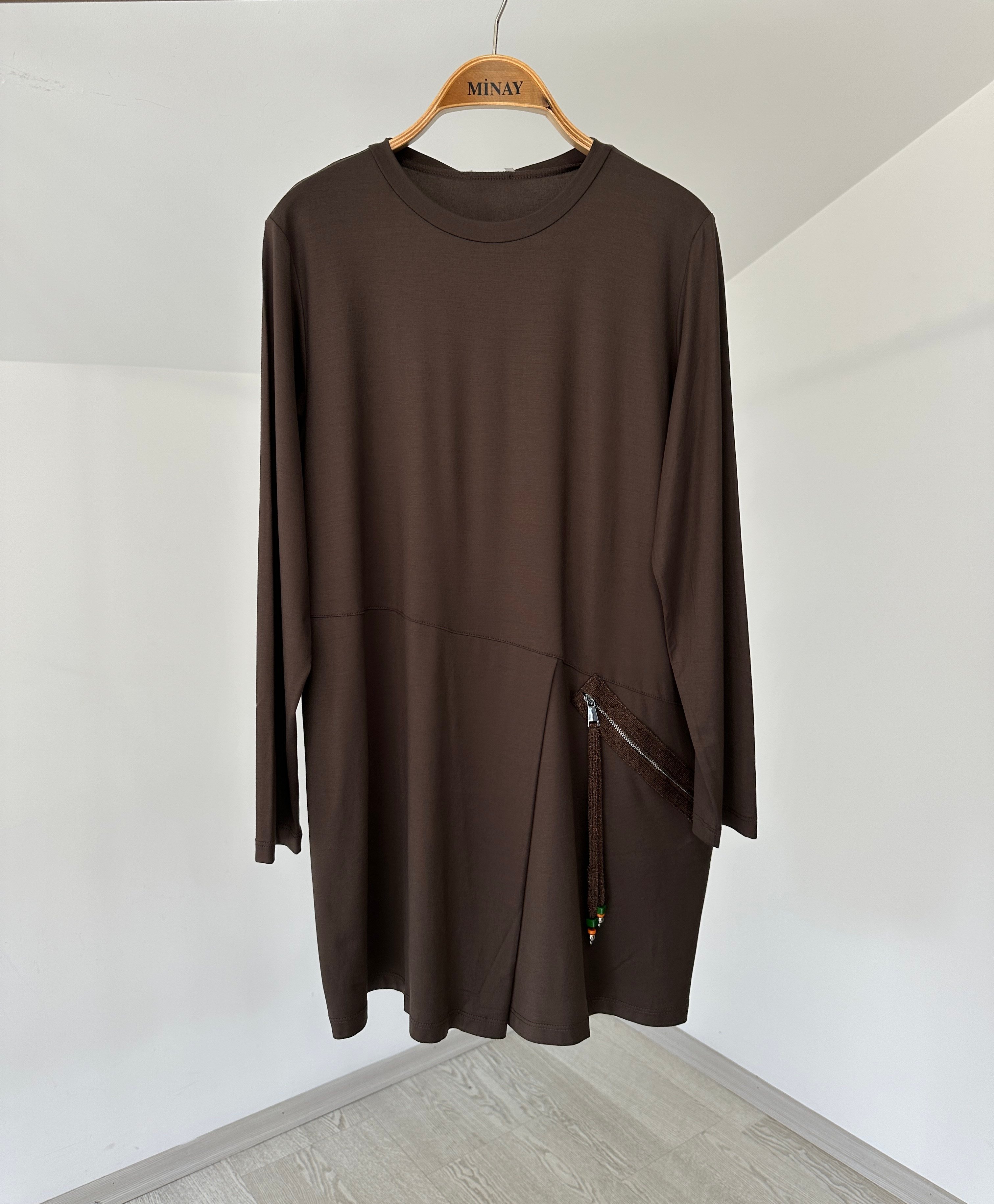 13520 Fermuarlı Tunik-Kahverengi