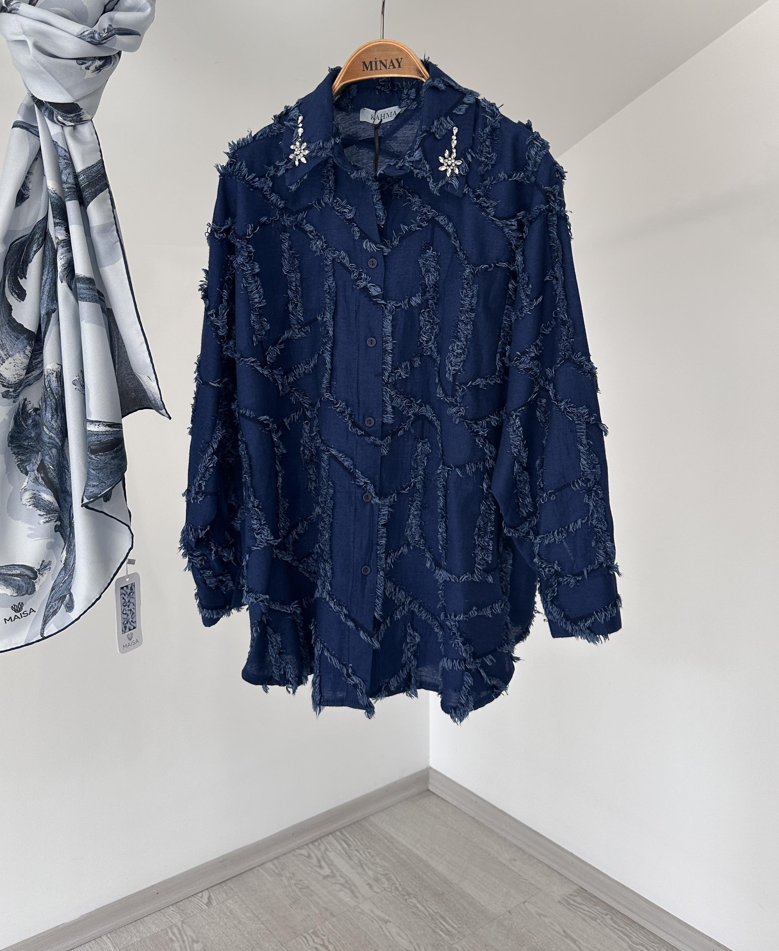 14514 Yakada Taş İşlemeli Denim Gömlek-K.Kot