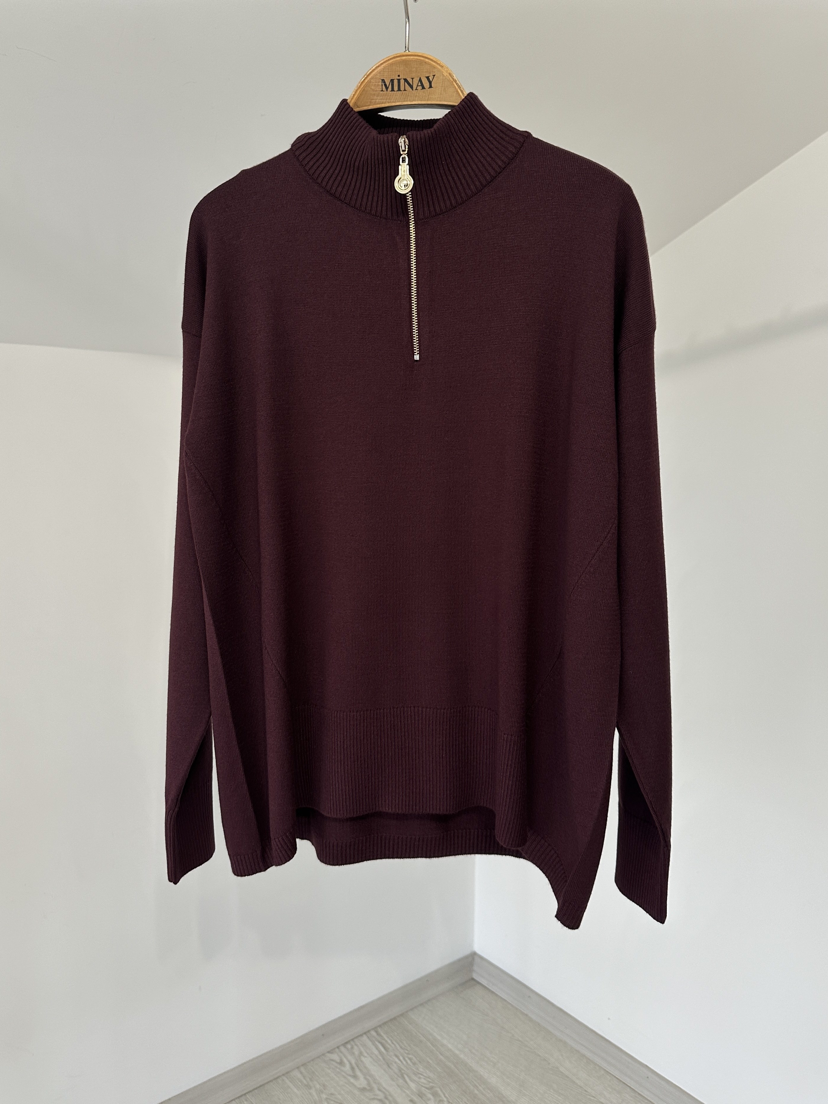 15377 Yakası Fermuarlı Triko Bluz-Bordo
