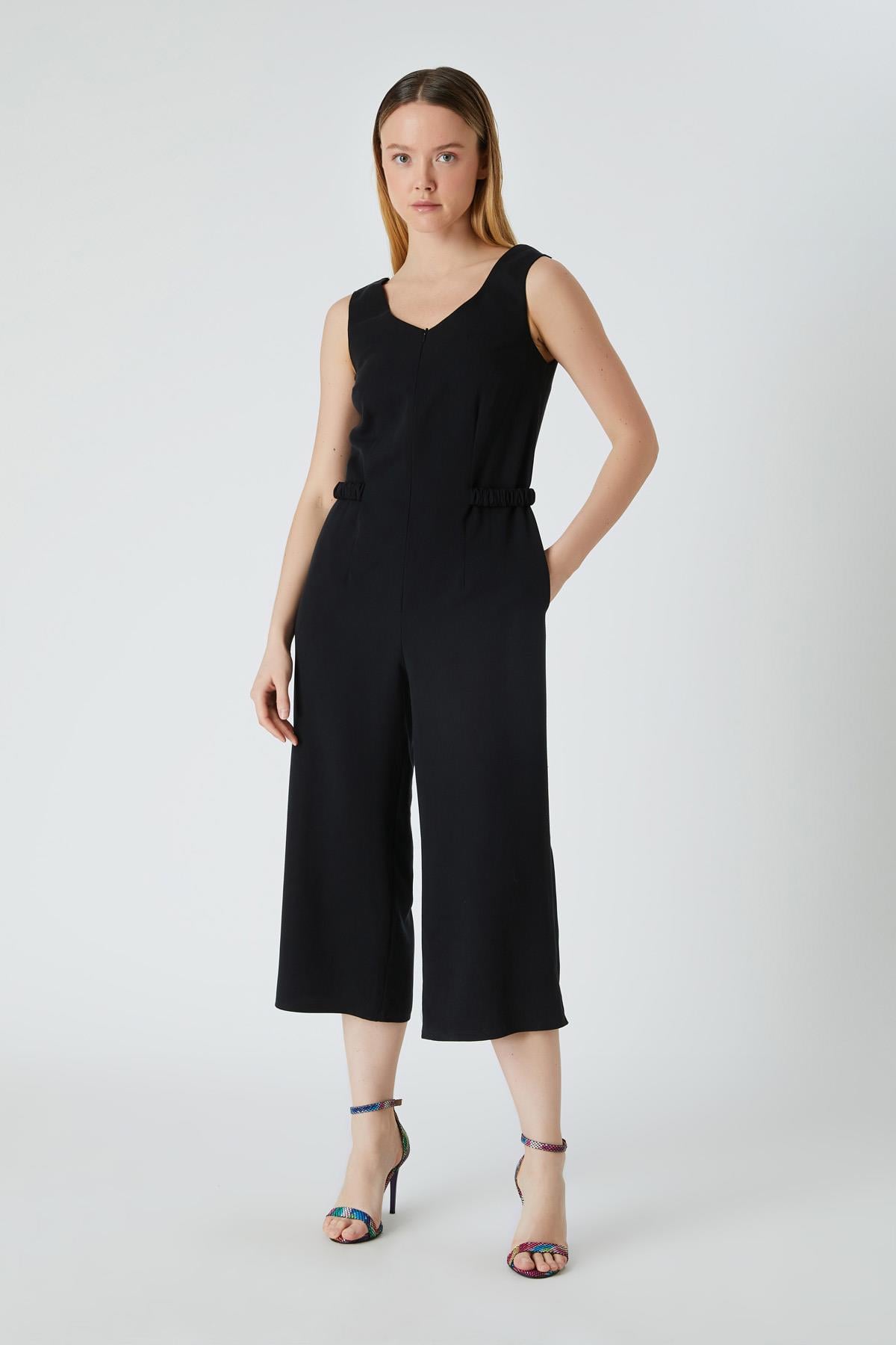 19004 U Yaka Askılı Tencel Tulum-Siyah