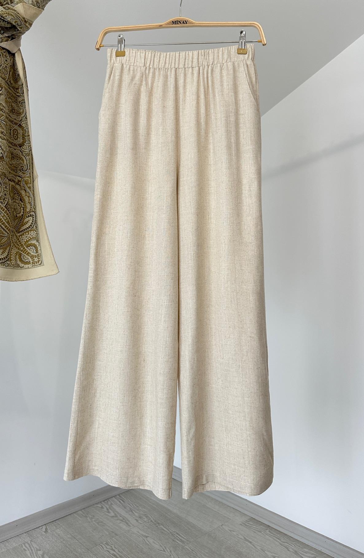 19025 Beli Lastikli Bol Paça Pantolon-Taş