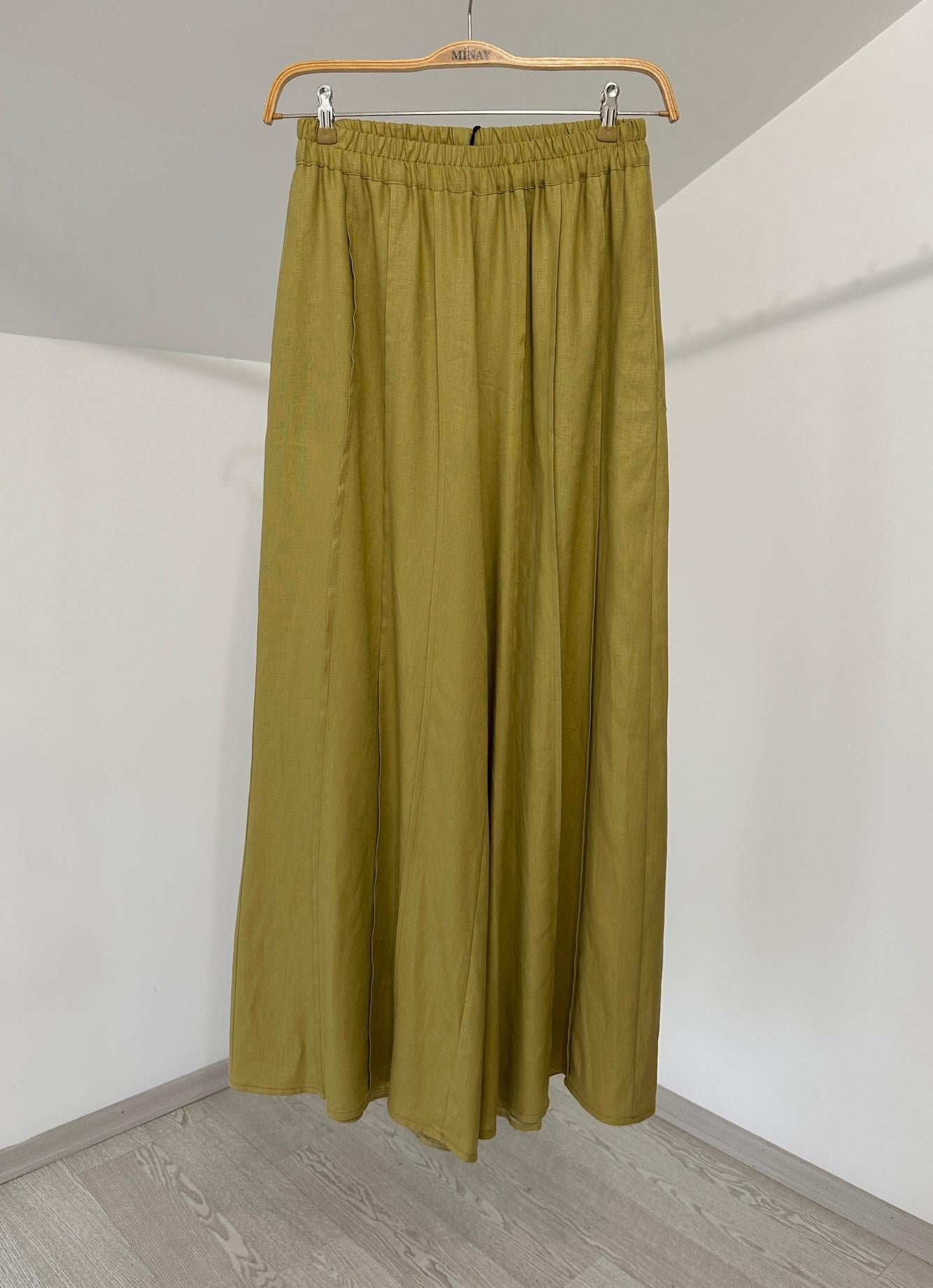 19155 Beli Lastikli Keten Pantolon-Y.Yeşil