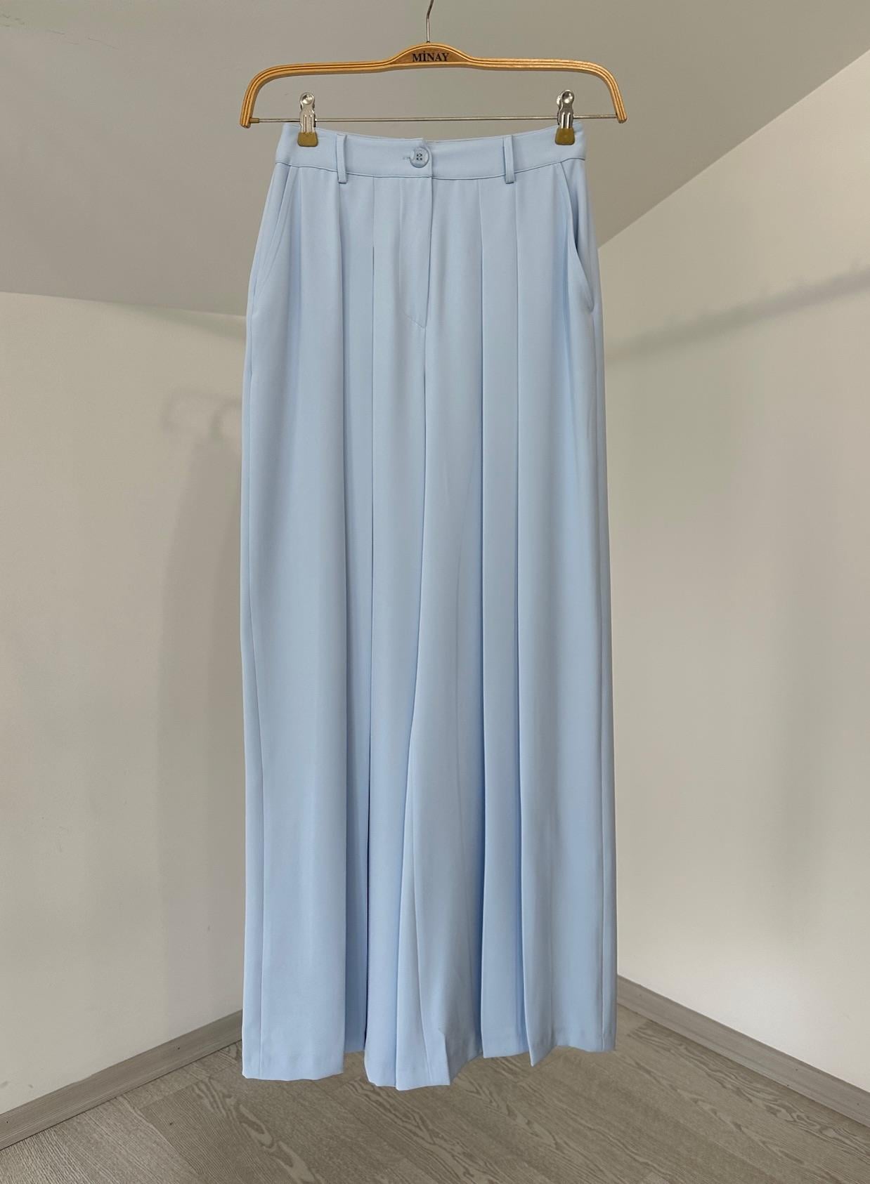 205002 Pileli Bol Paça Pantolon-Mavi