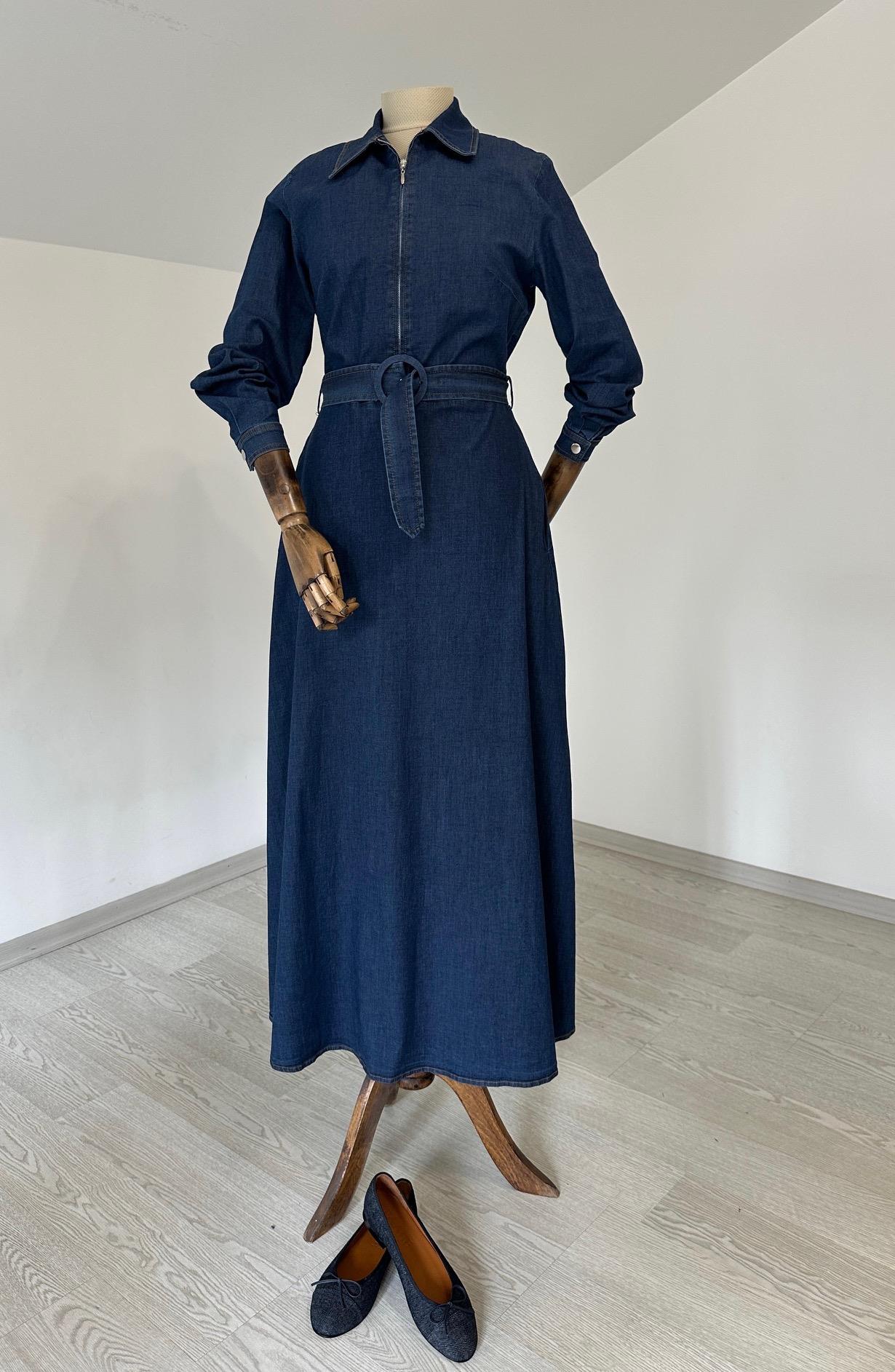 218335 Kendi Kumaşından Kemerli Denim Elbise-Mavi