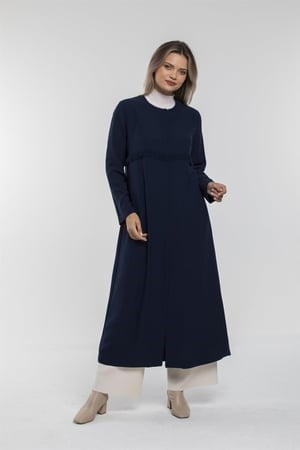 2273W Krep Kumaş Pelerin Pardösü-Lacivert