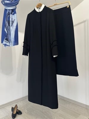 2323W Krep Kumaş Çift Püskül Pardösü -Siyah