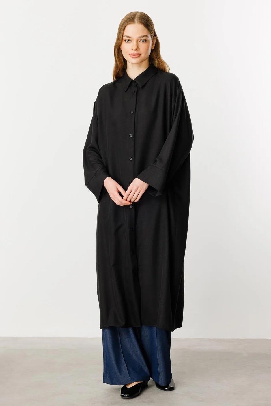 251503 Önden Düğmeli Viskon Pardesü-Siyah