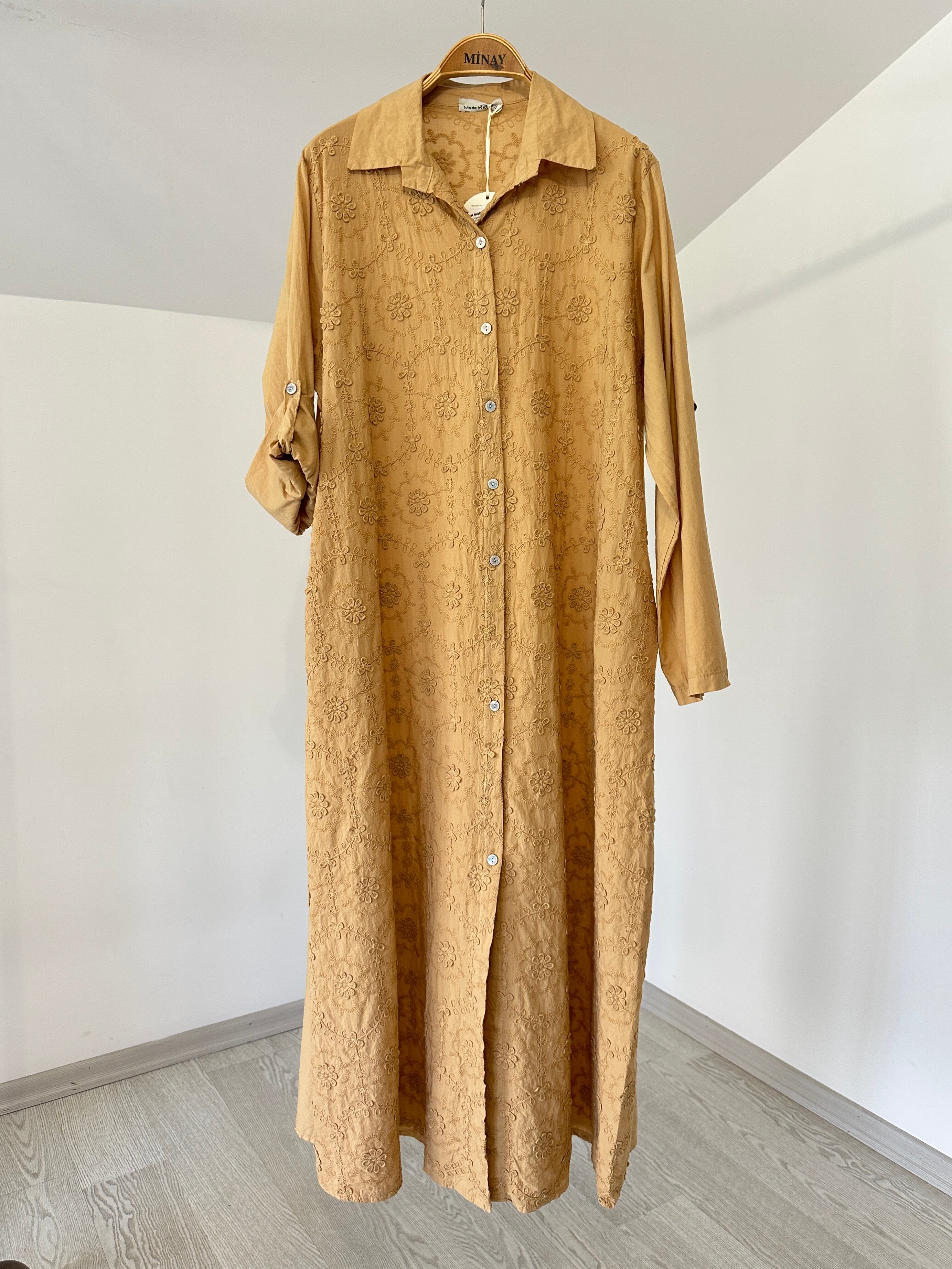 26158 Asma Yaprak Desenli Elbise-Camel