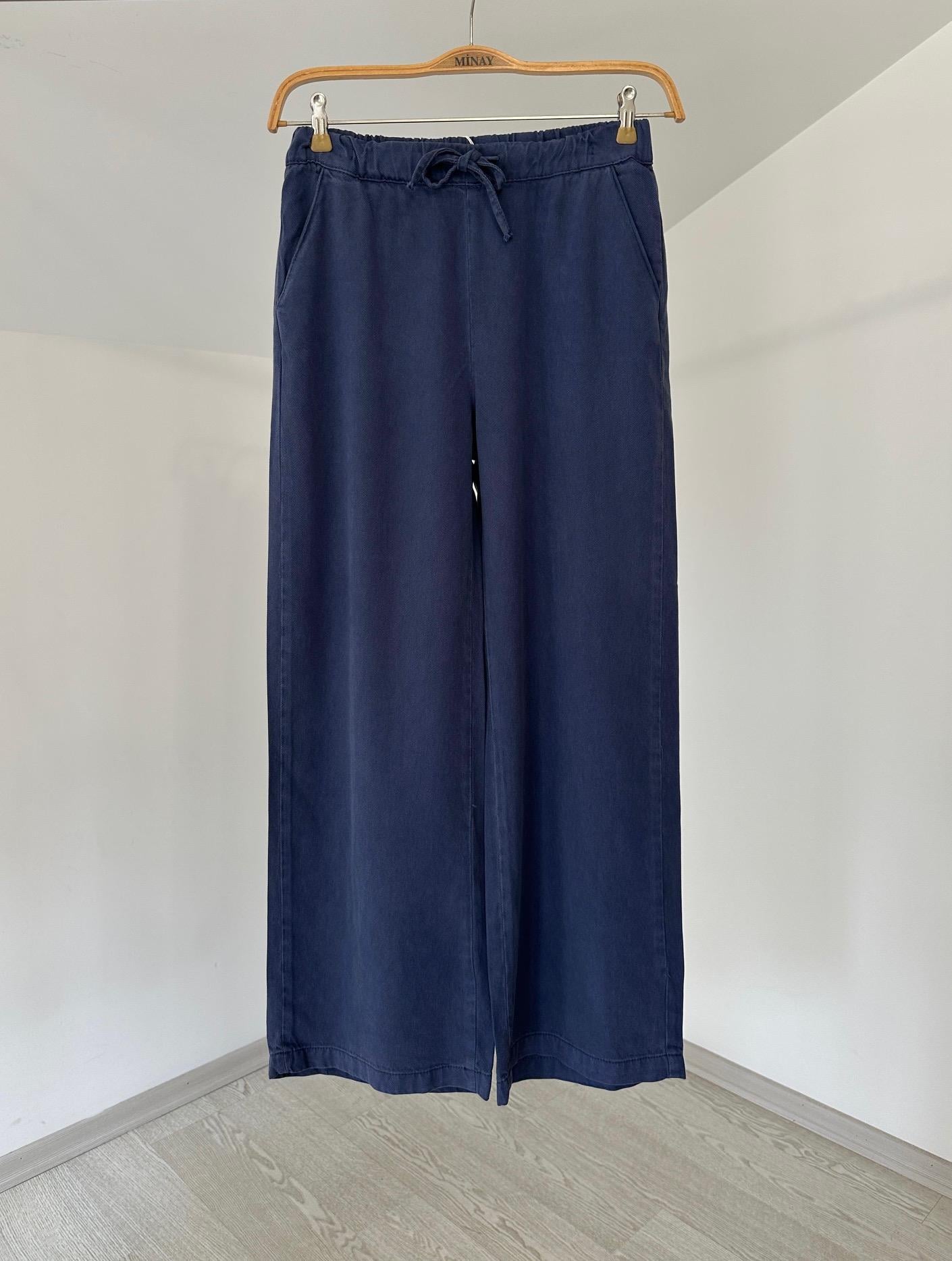 2773 Beli Lastikli Bol Paça Tensel Pantolon-Mavi