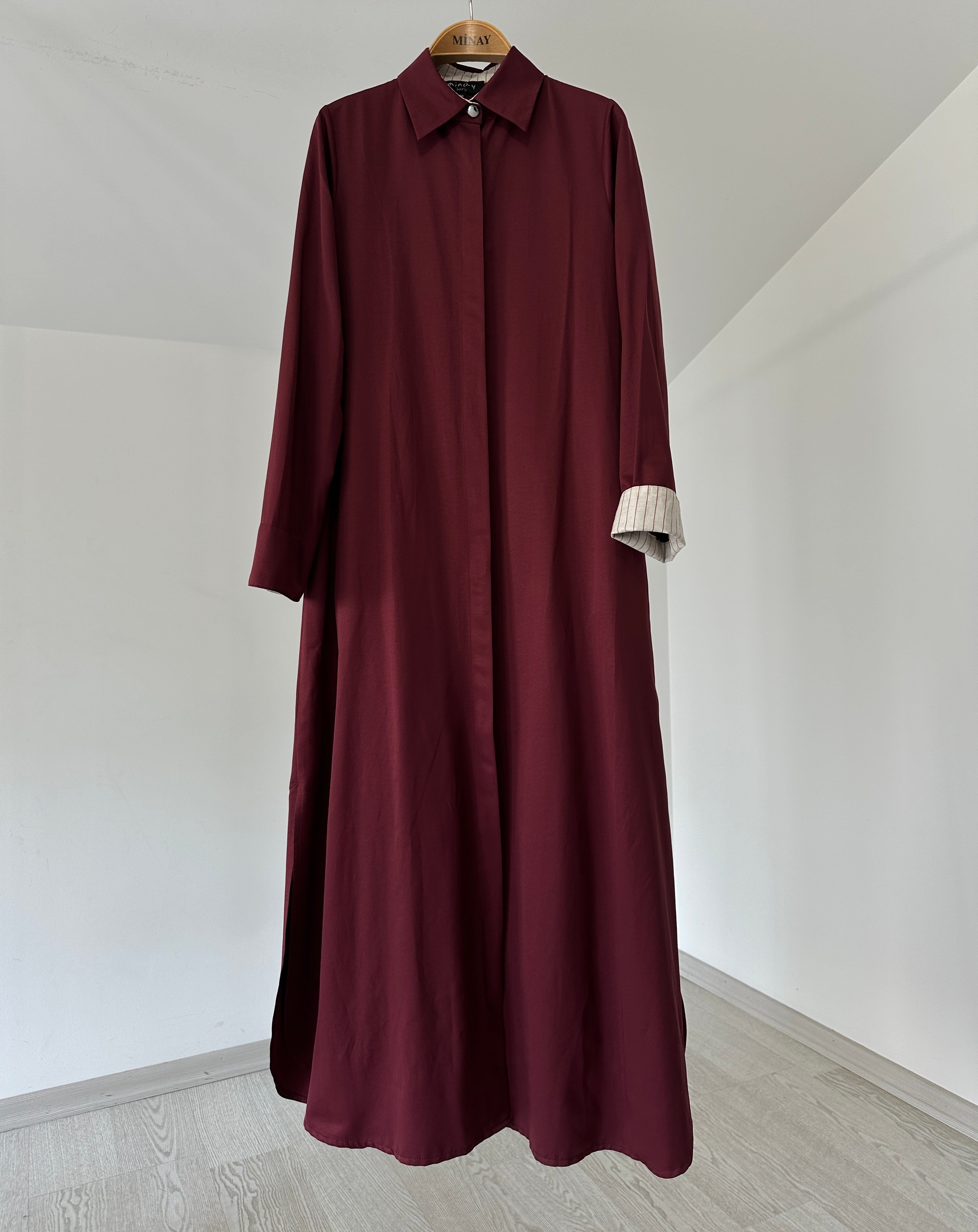 3227 Çizgili Yakalı Pardösü-Bordo