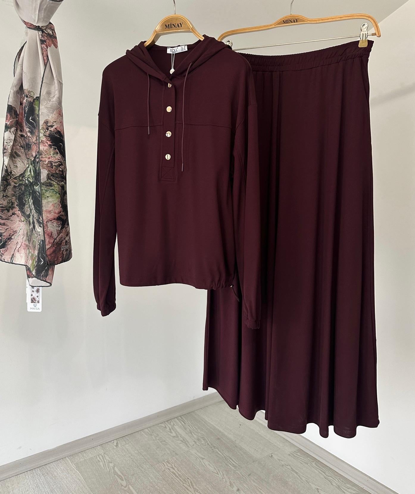36264 Kapüşonlu Bluz ve Etek Viskon Takım-Bordo