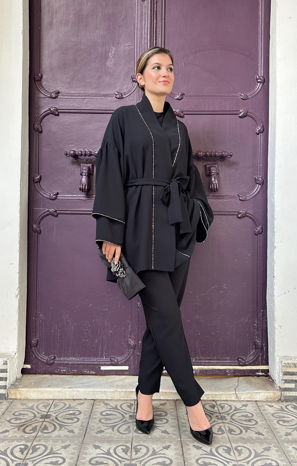 377 Taş Biyeli Abiye Kimono-Siyah