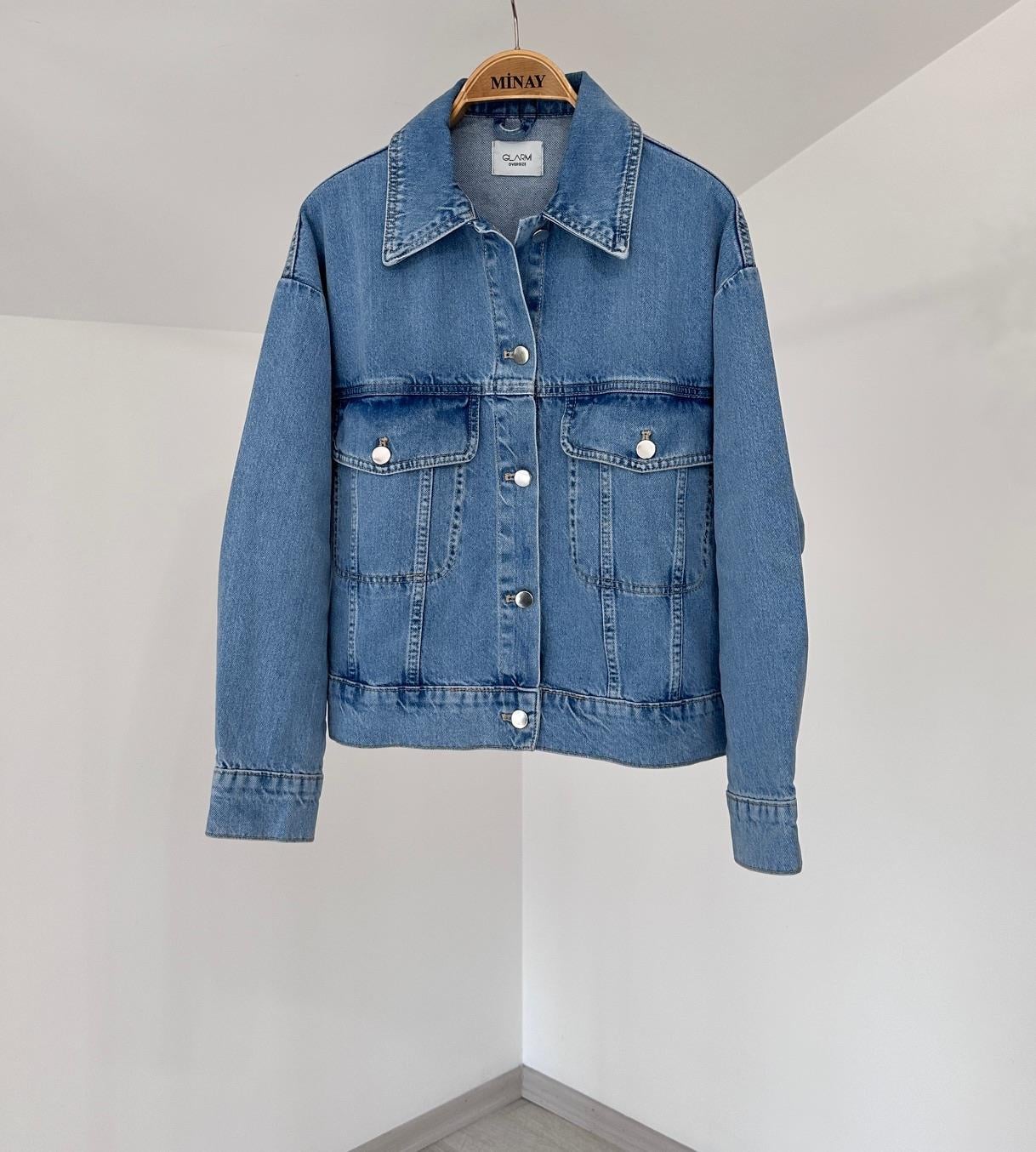 3896 Önden Düğmeli Denim Ceket-Mavi
