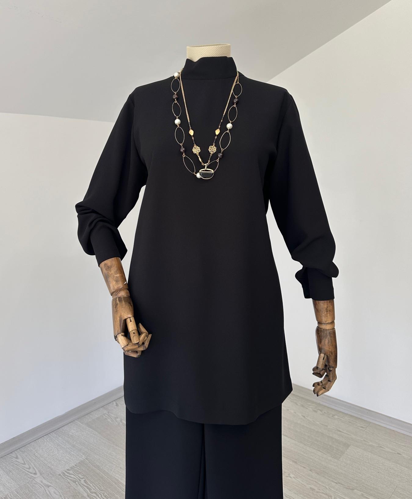 411 Dik Yaka Krep Tunik-Siyah