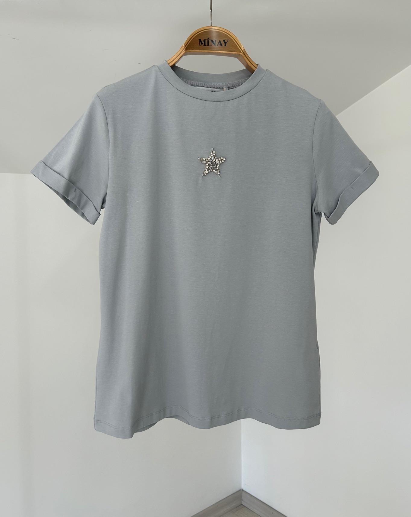 4216 Taş İşleme Detaylı Katlama Kol Cotton Bluz-Gri