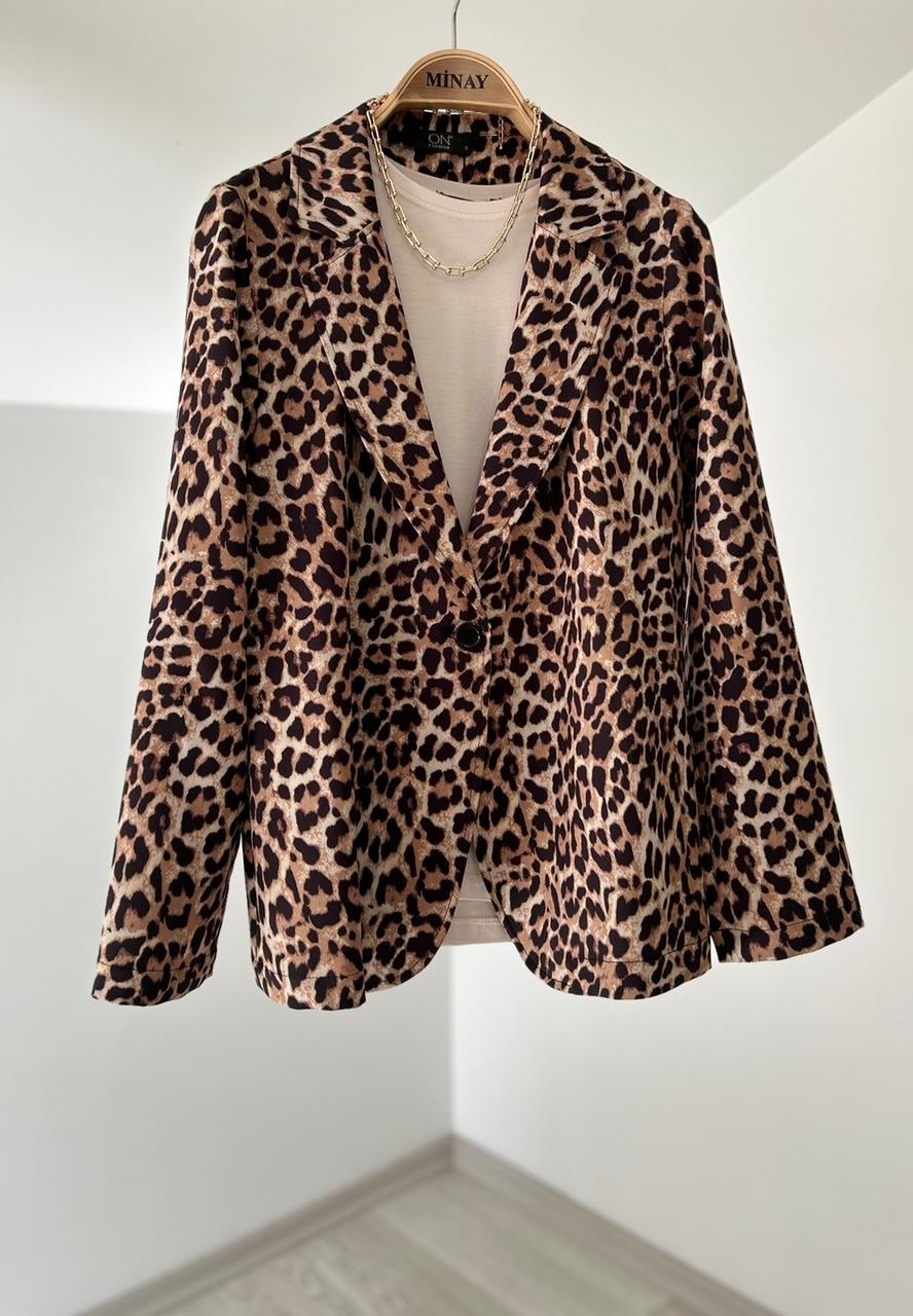 44509 Leopar Desenli Tek Düğme Ceket-Kahve