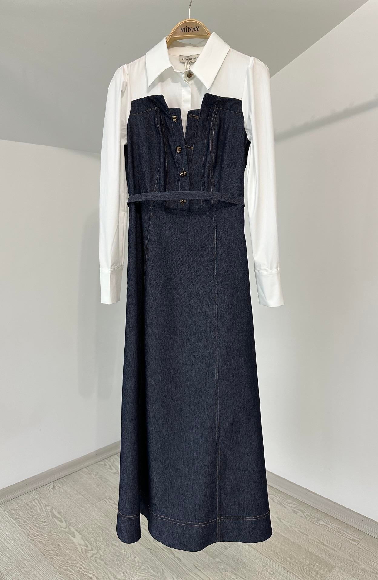 4500 Poplin Gömlek Görünümlü Denim Elbise-Laci