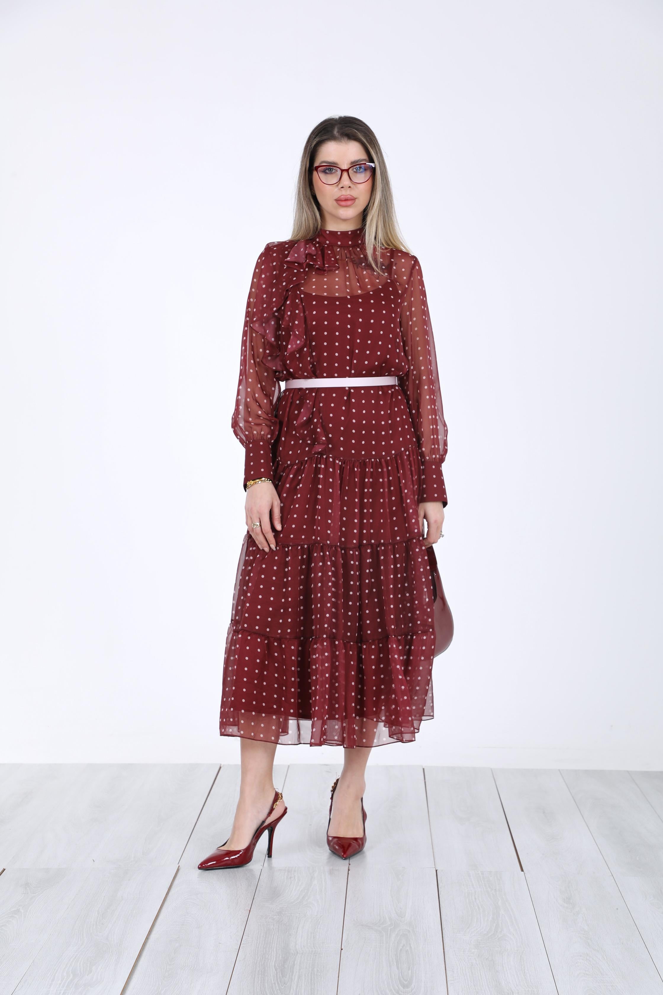 4527 Puantiyeli Şifon Elbise-Bordo