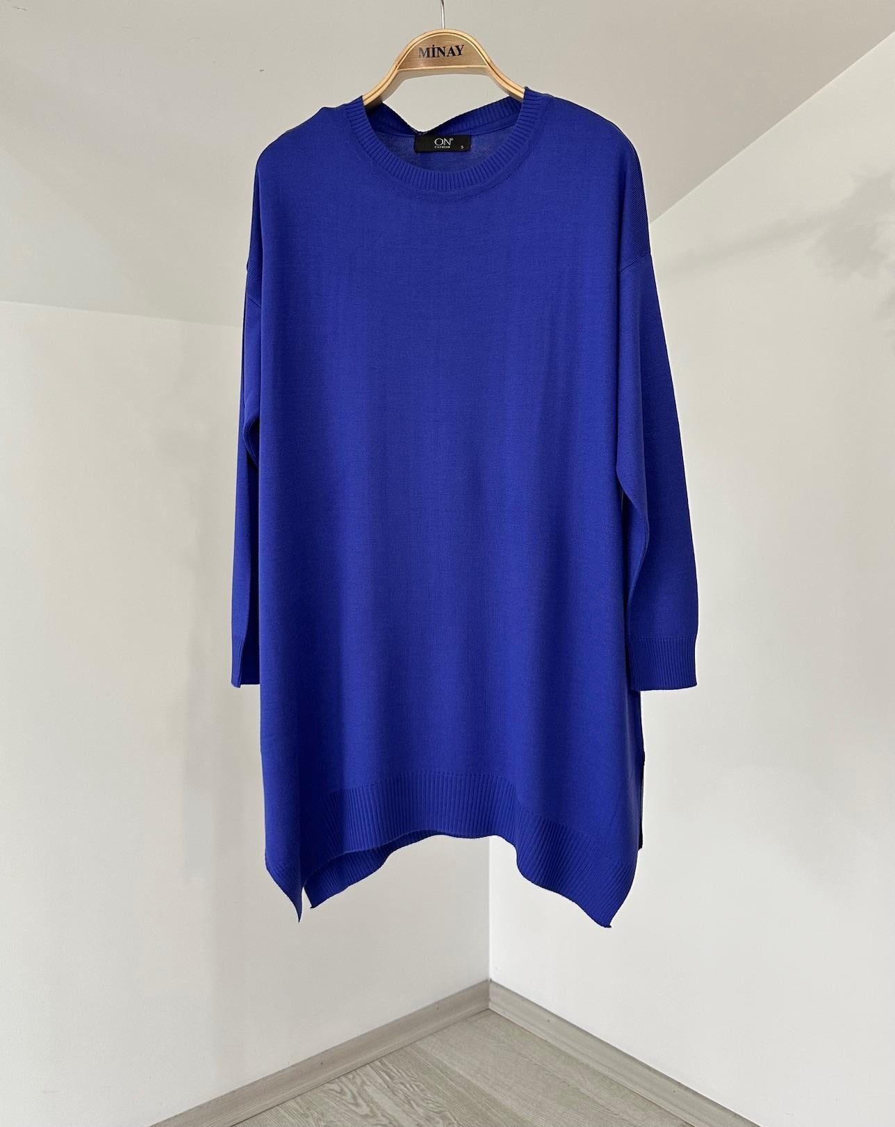 45316 Sıfır Yaka Evaze Triko Tunik-Saks