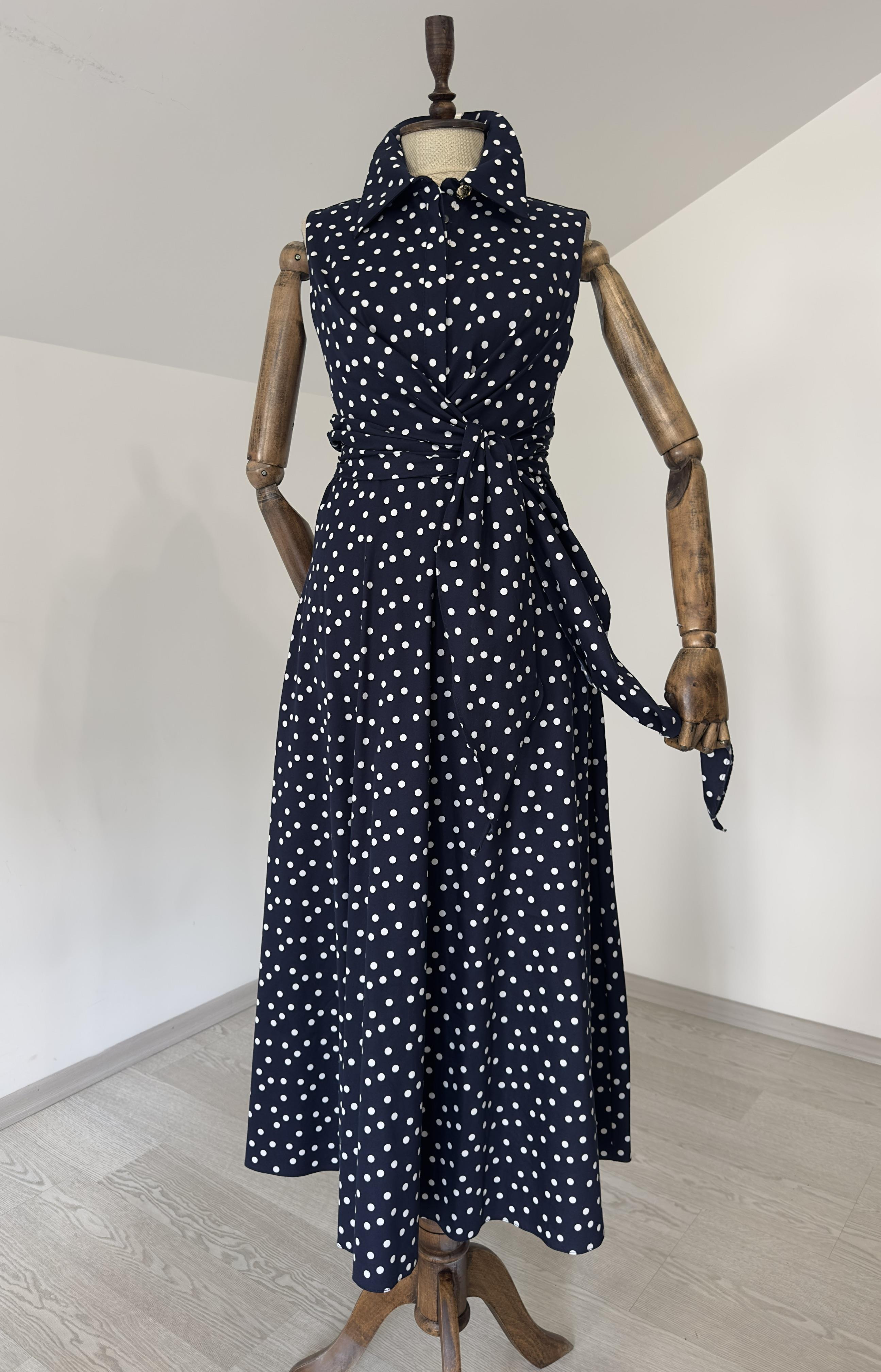 4547 Puantiyeli Kolsuz Cotton Elbise-Laci