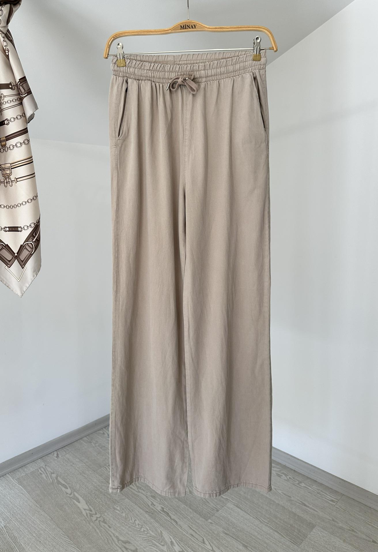 5054 Beli Lastikli Lyocell Pantolon-Bej