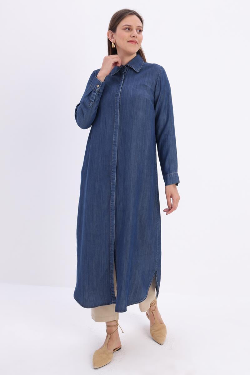 51219 Denim Uzun Gömlek Tunik-Mavi