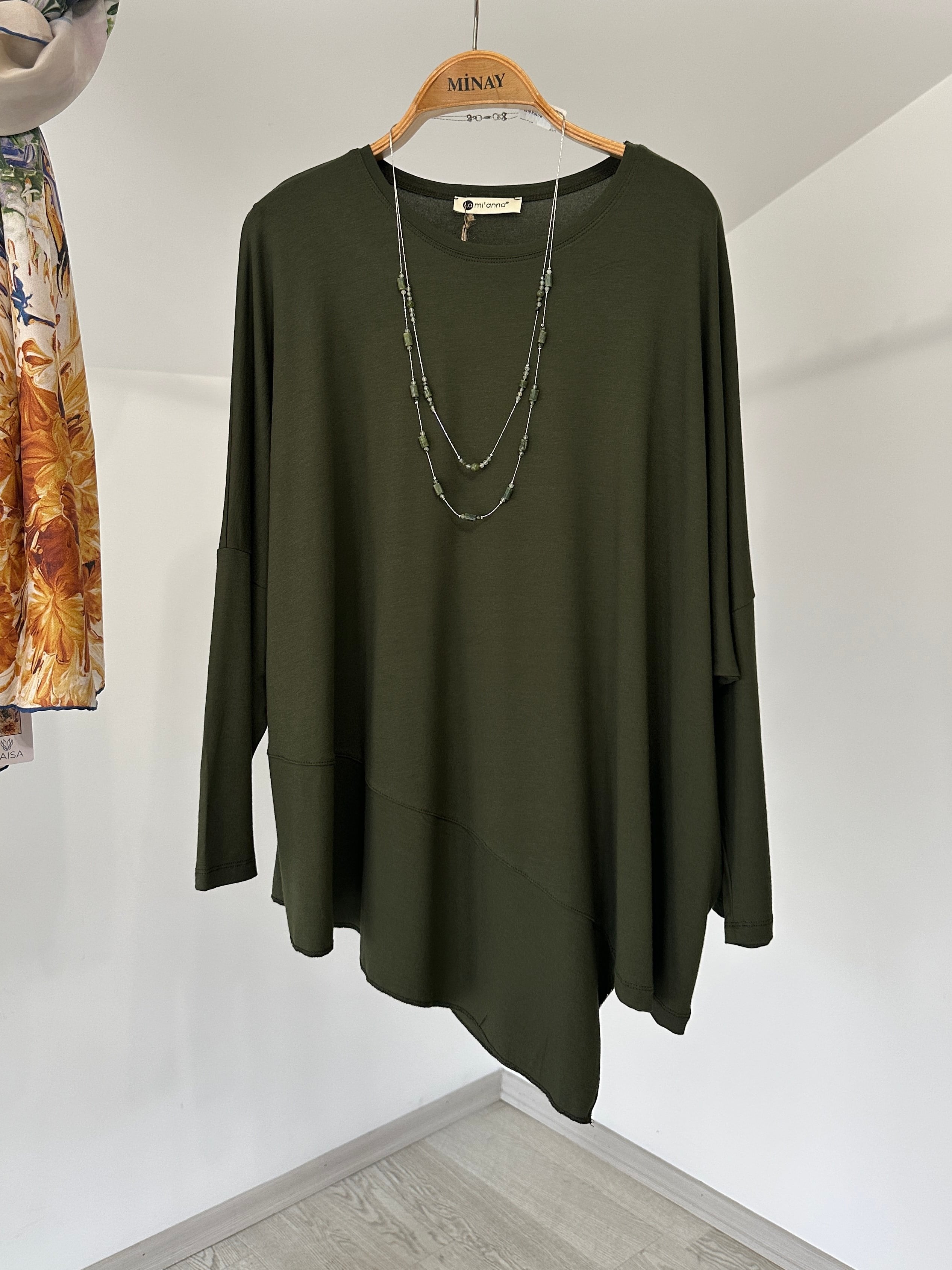 517 Asimetrik Kesim Viscose Bluz-Haki