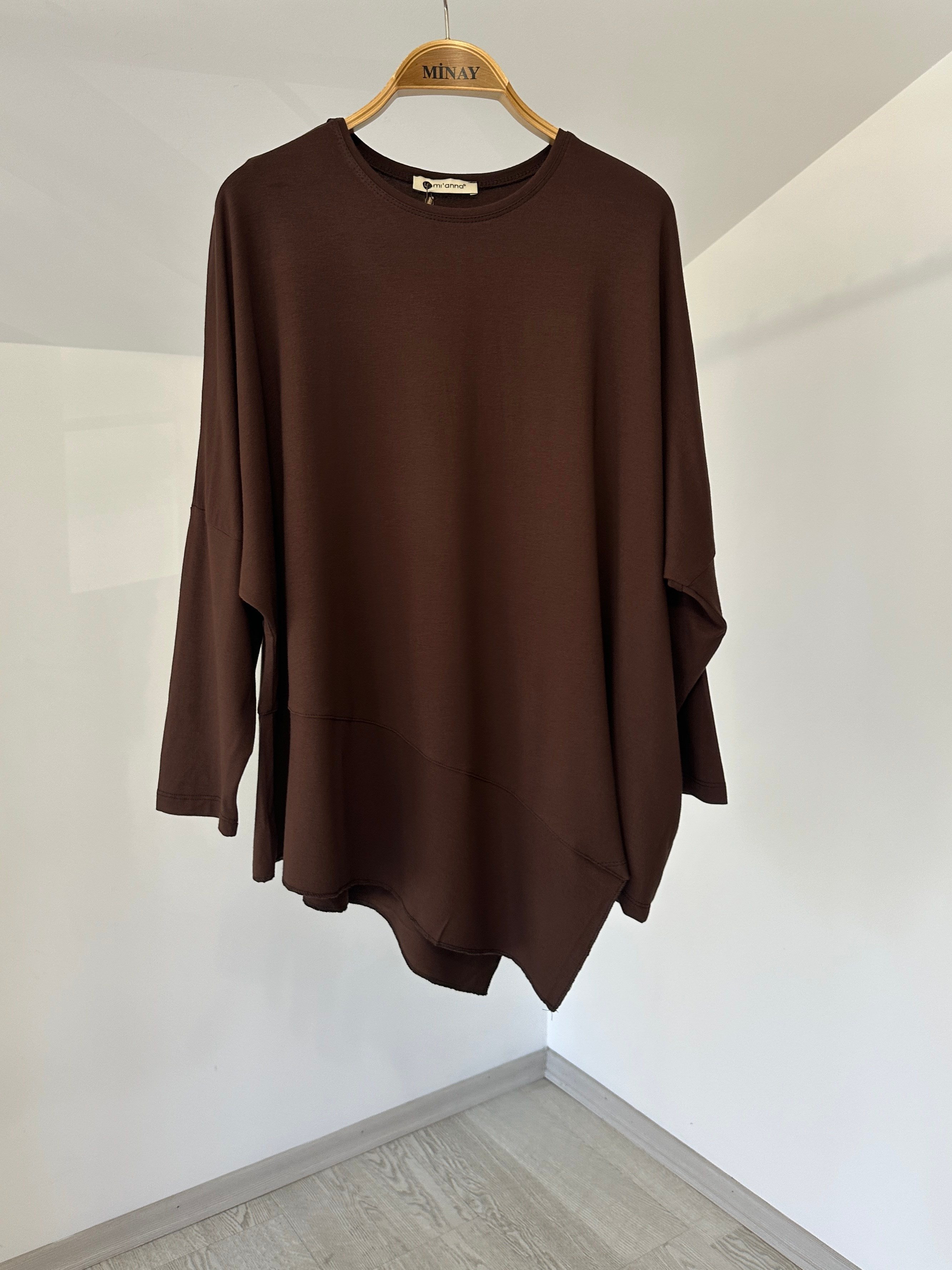 517 Asimetrik Kesim Viscose Bluz-Kahverengi