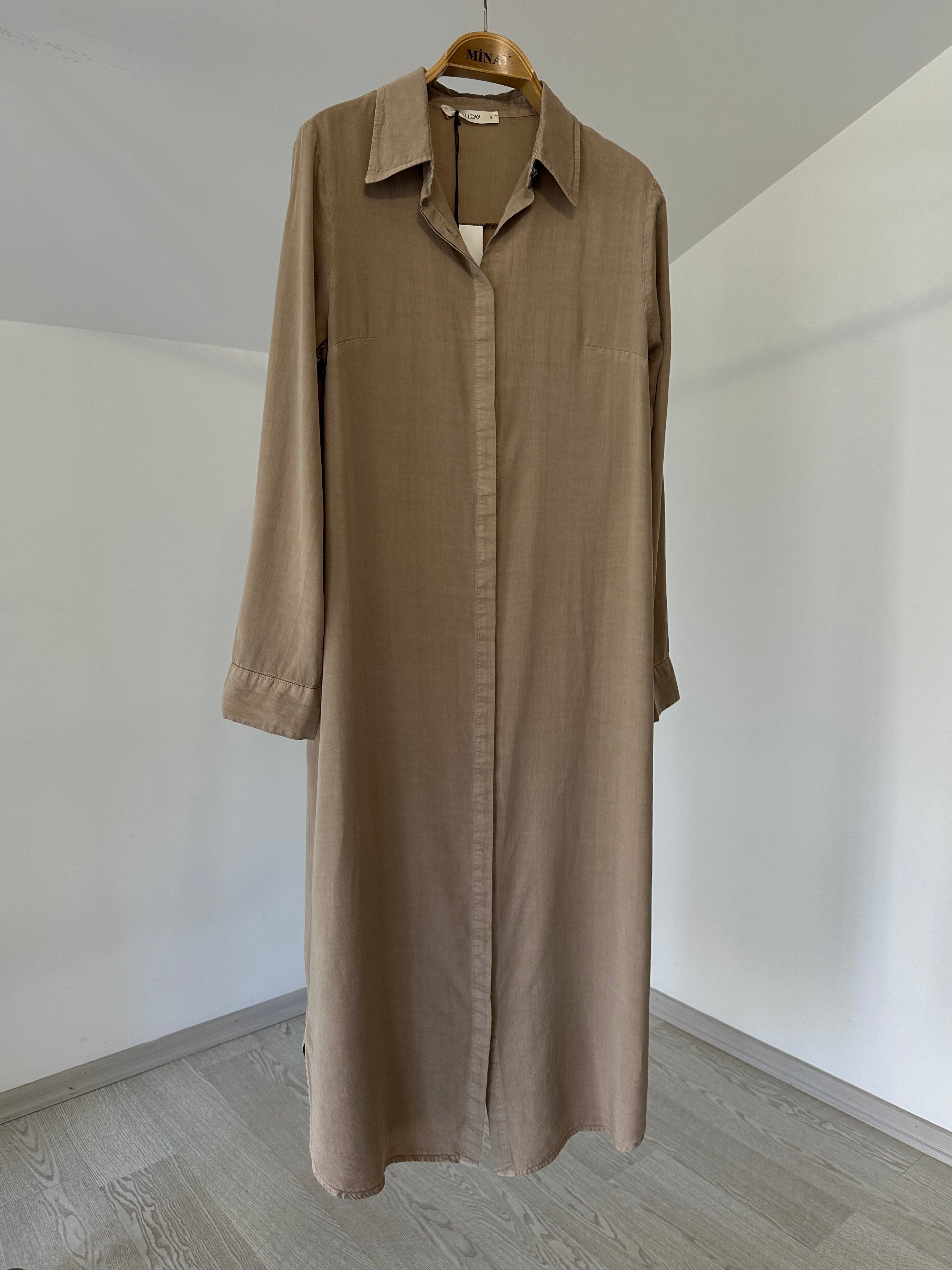 53041 Gizli PAtlı Gömlek Tunik-Bej