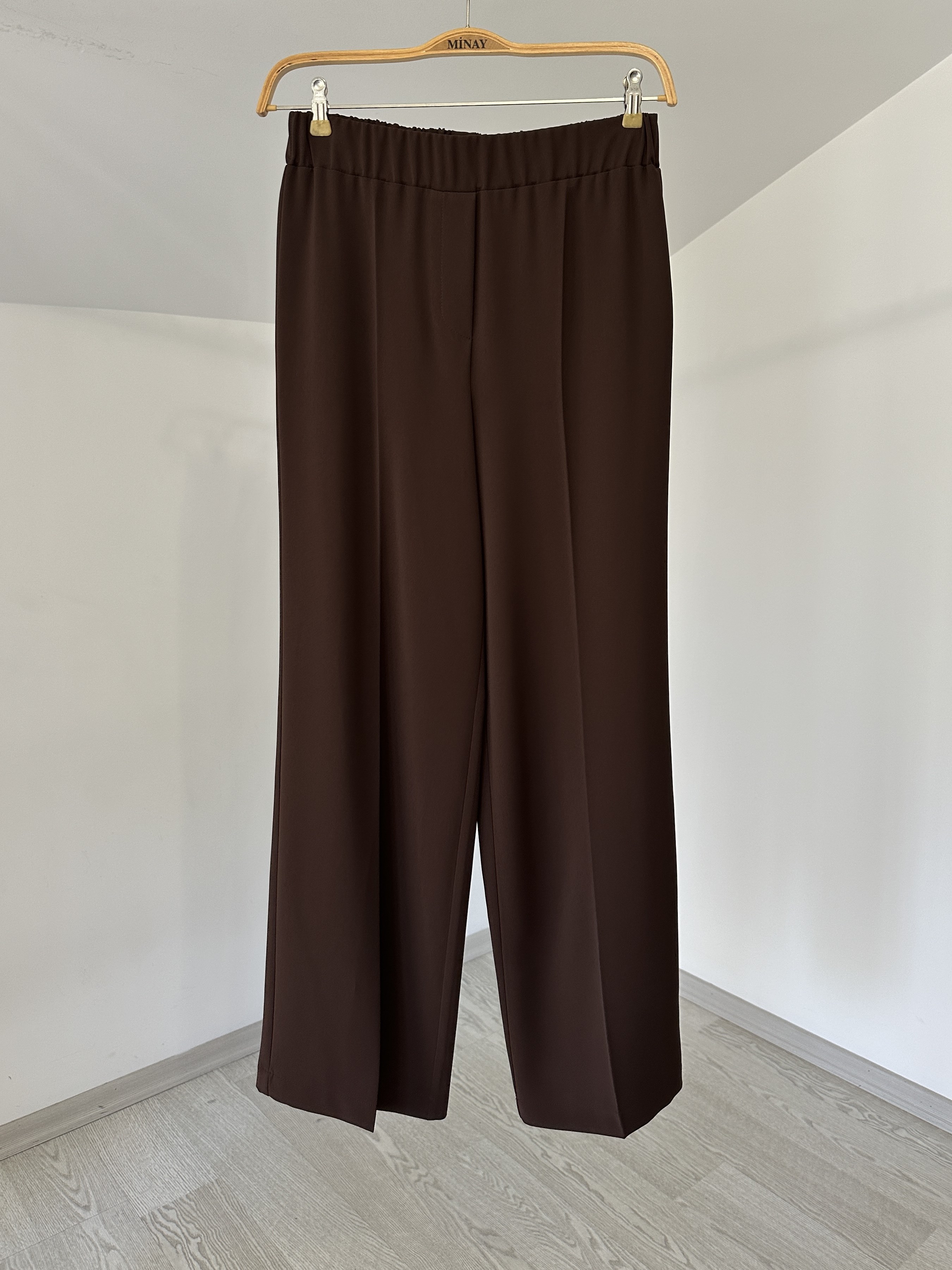 5580 Beli Lastikli Geniş Paça Pantolon-Kahverengi