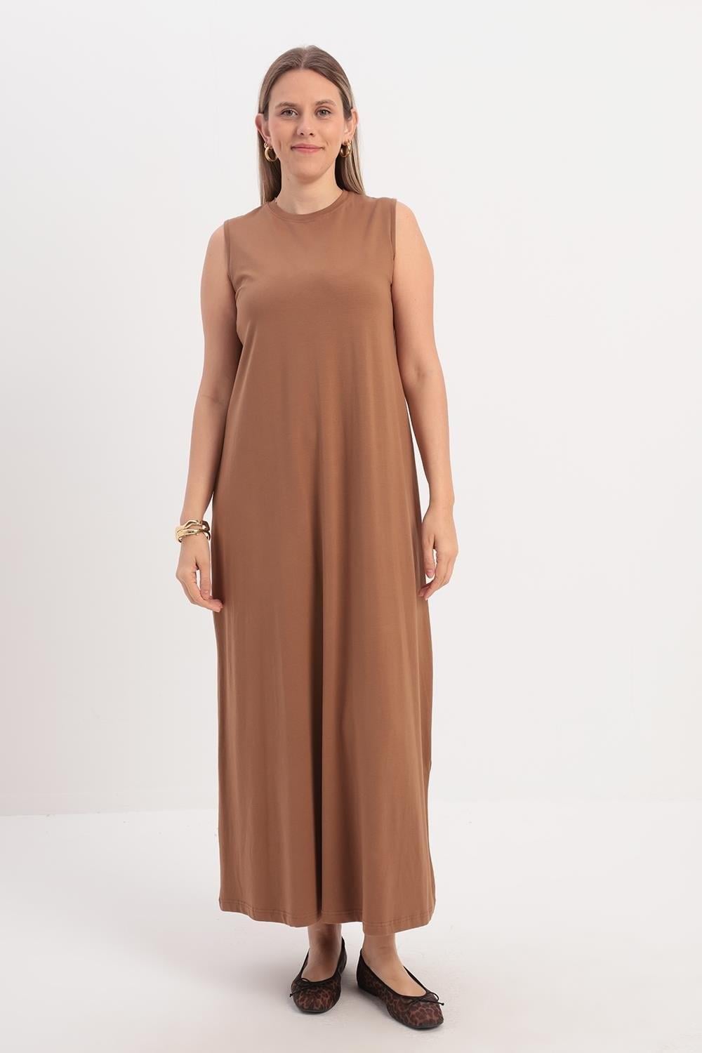 60019 Sıfır Yaka Kolsuz Penye Elbise-Camel