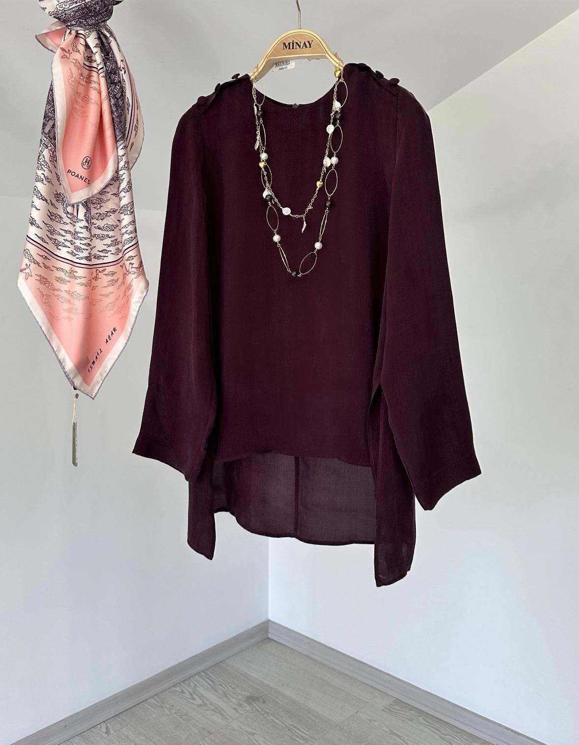 6067 Yuvarlak Yaka Düğme Detaylı Cupro Tunik-Bordo