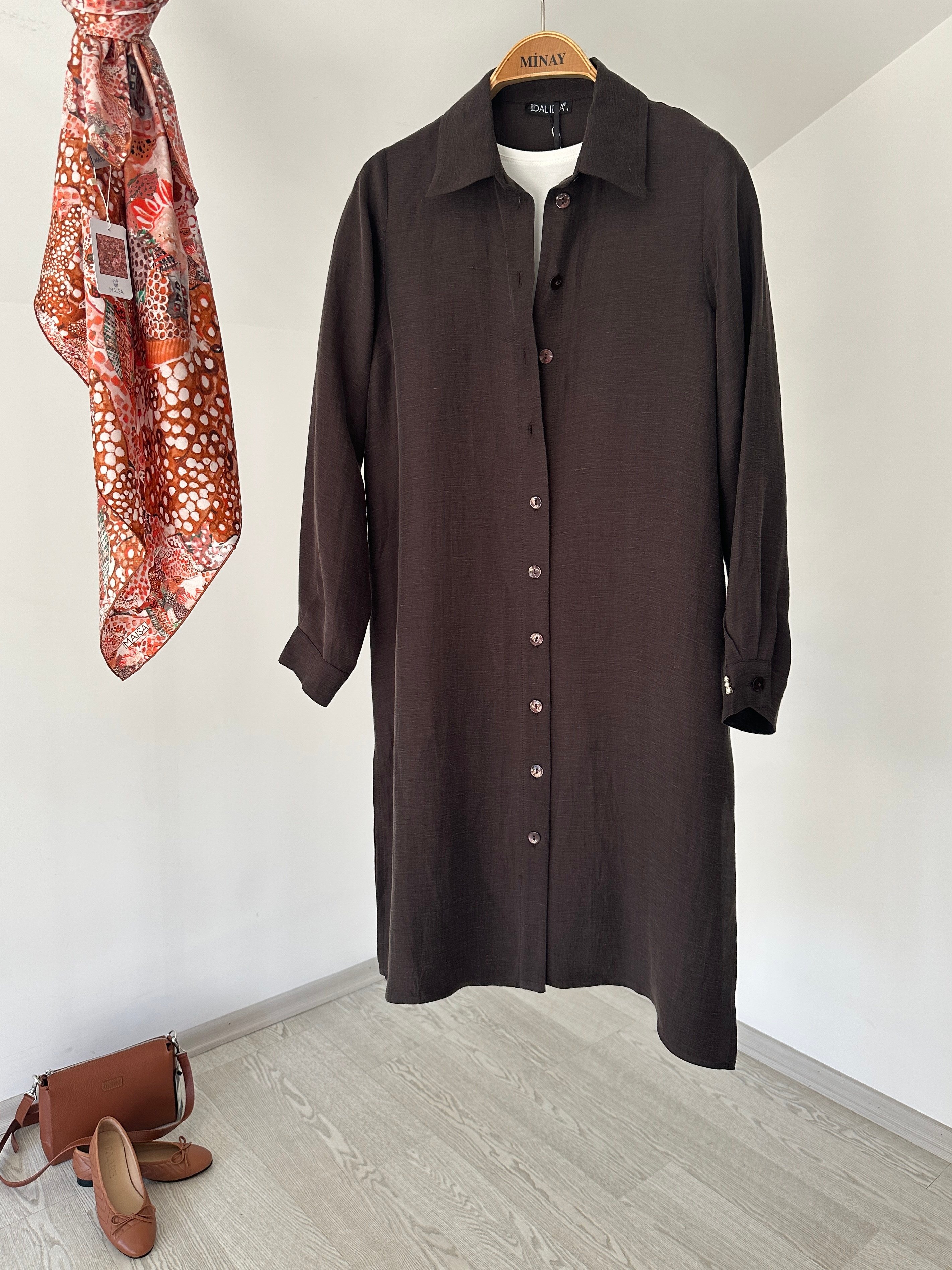 63351 İpek Keten Tunik-Kahverengi