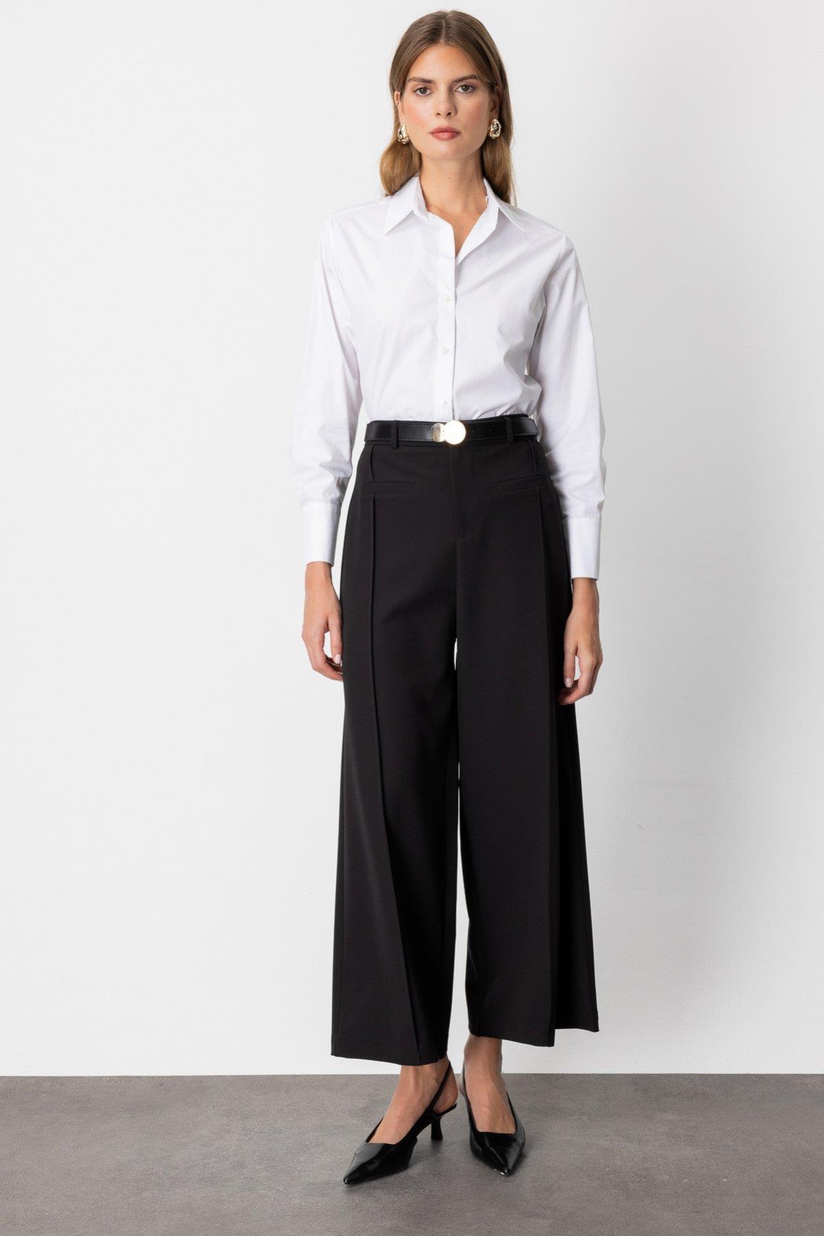 64133 Beli Kemerli Bol Paça Pantolon-Siyah