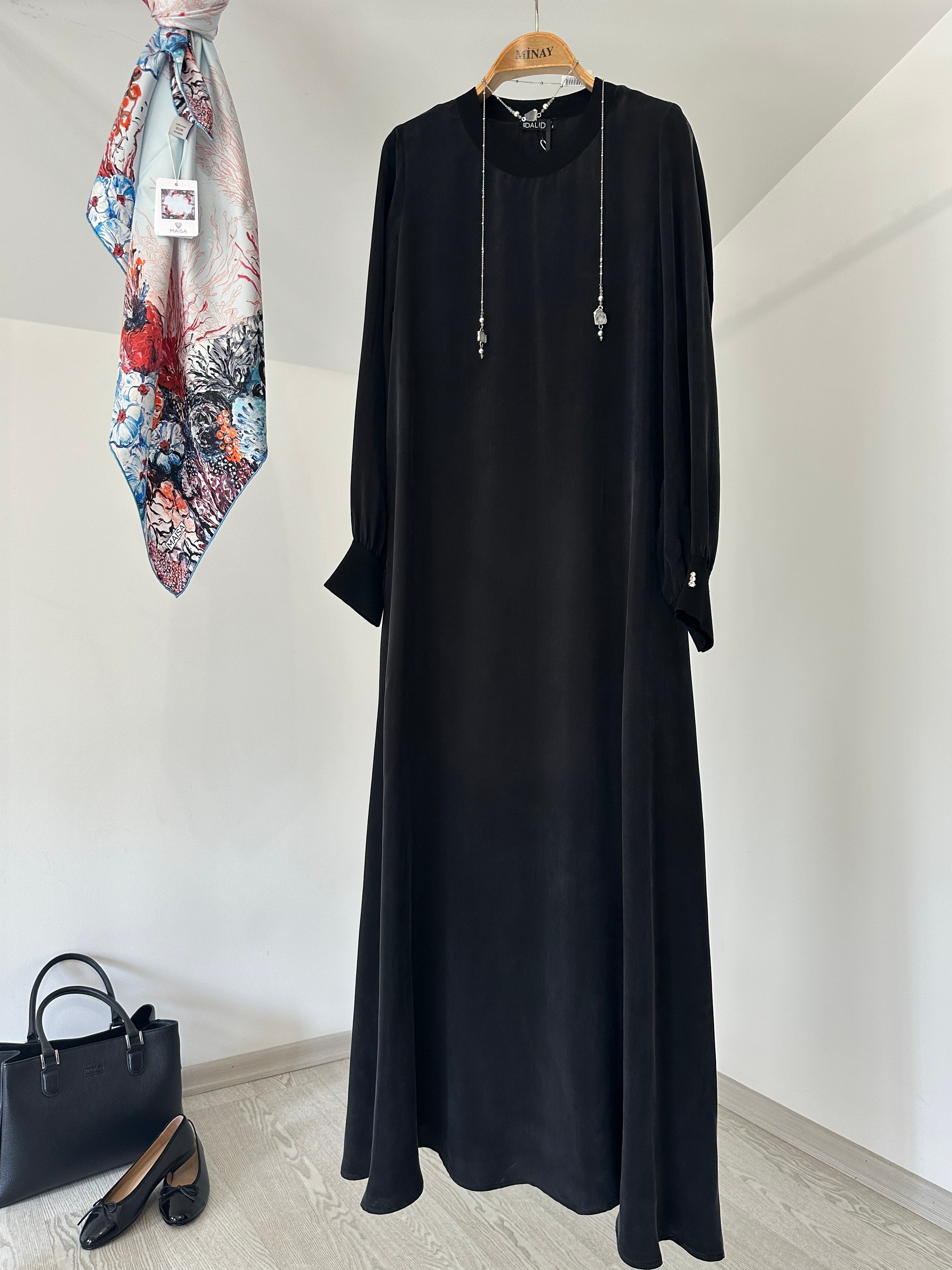 64304 Uzun Kollu Cupro Elbise-Siyah