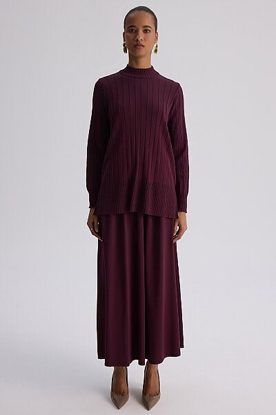 66003 Kalın Fitilli Beli Lastikli Tunik-Bordo